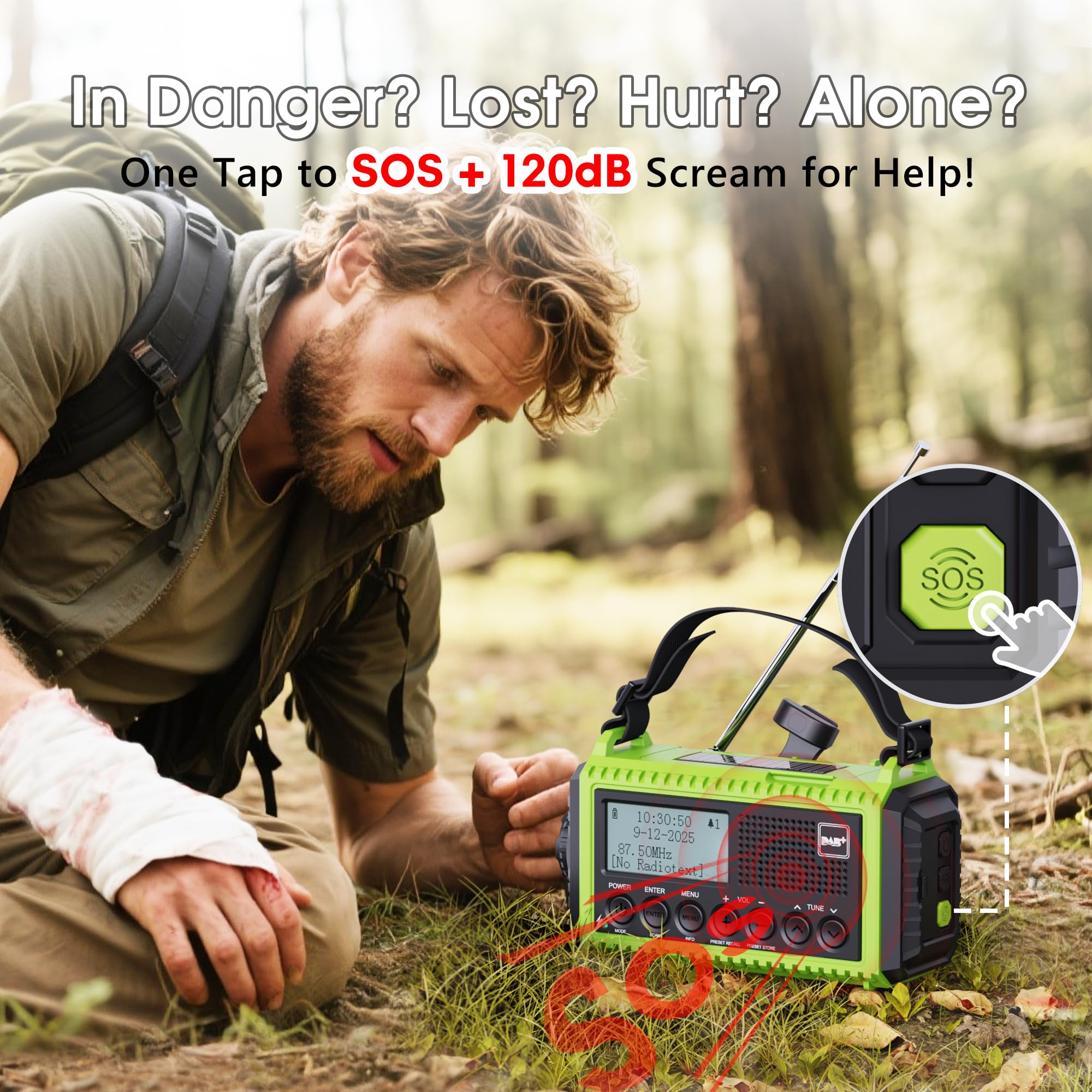 Radio korbowe DAB przenośne radio, radio korbowe z funkcją ładowania telefonu komórkowego, radio UKW/DAB Plus, akumulator 5000 mAh, do ponownego ładowania, awaryjna korbka radiowa, z latarką LED i lampką do czytania, alarm SOS na kemping