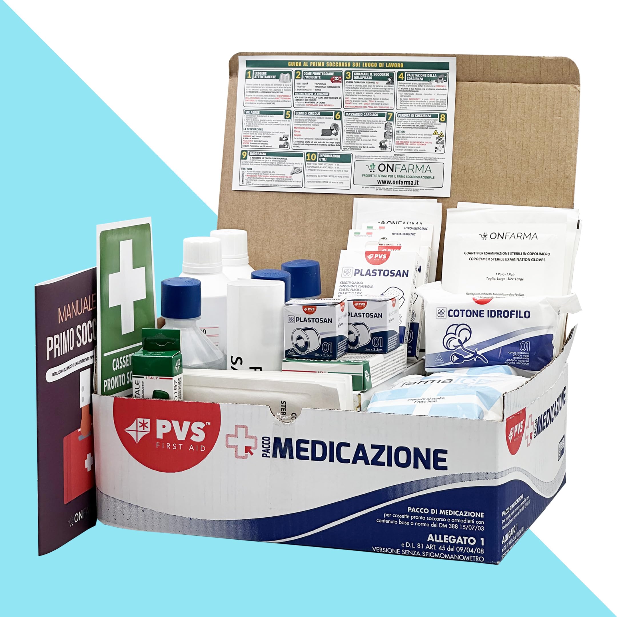 ONFARMA KIT REINTEGRO pronto soccorso ALLEGATO 1 senza Sfigmomanometro - Con Cartello adesivo “Istruzioni di primo soccorso” Pacchetto di medicazione per attività più 3 dipendenti, Conforme DM388/DL81