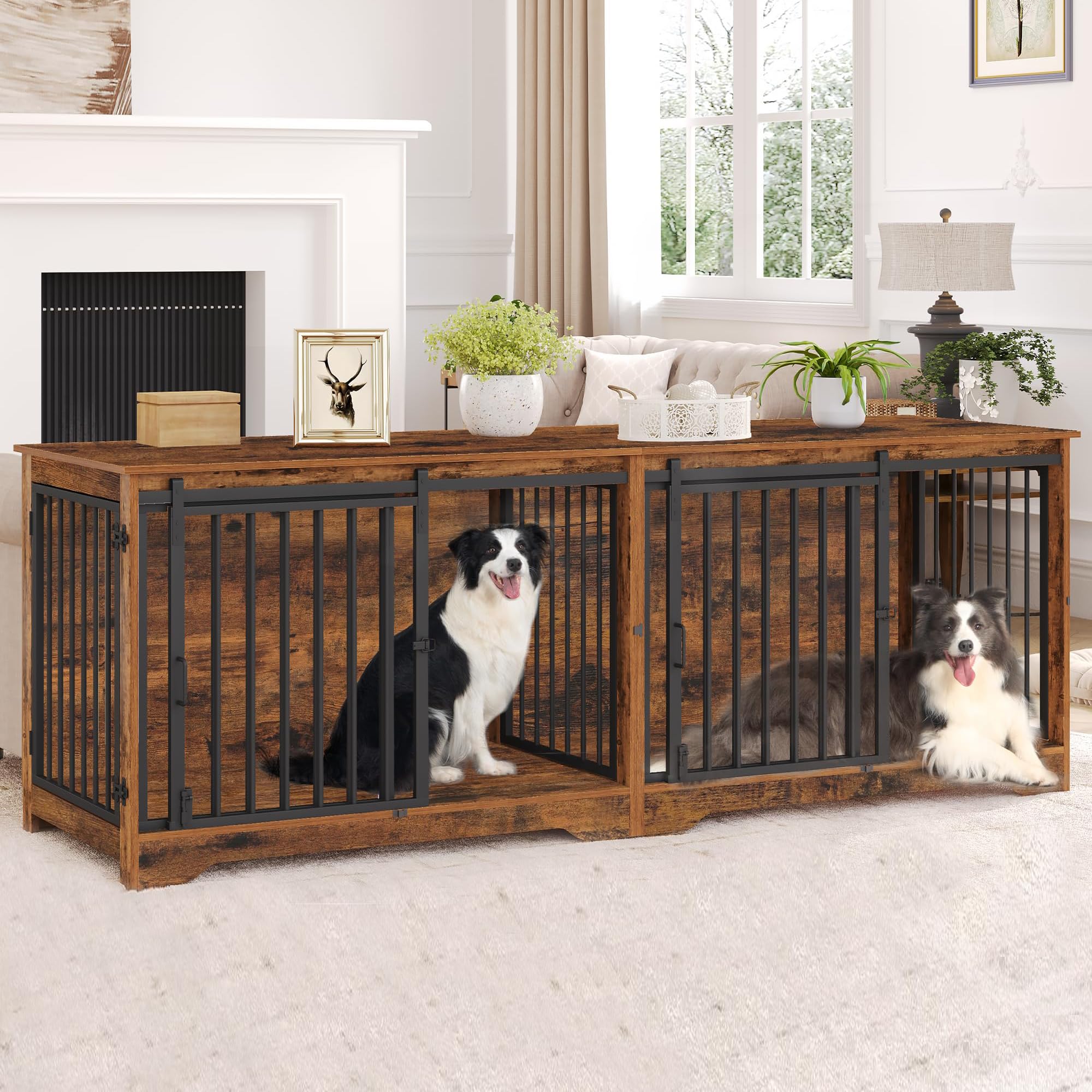 Hzuaneri 78" Dog Crate Furniture for 2 Dogs, Double Dog Cage with Divider, Wooden Heavy Duty Dogs Kennel, Pet Cage with Barn Door, TV Stand for Large