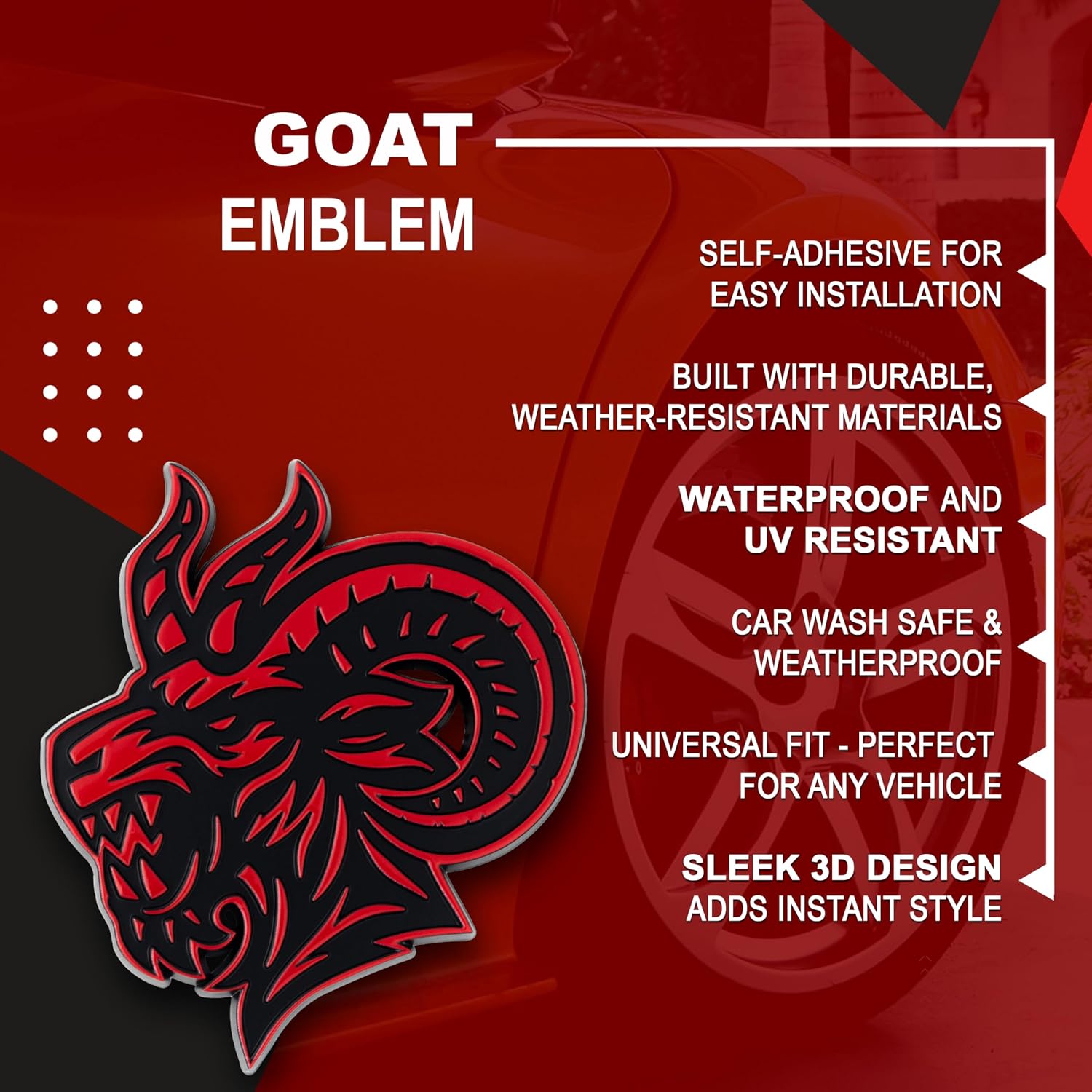 Angry Goat Emblem 3D Horned Monster Car Badge - Aggressive Exterior Automotive Emblem for Car Truck SUV Hood Trunk Fender (Set of 2) (Red)