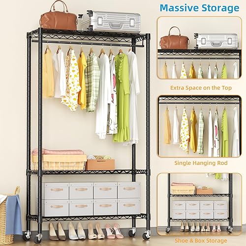 Miniatura 3 de Golpart Perchero portátil para ropa con ruedas para colgar ropa, estante independiente de 3 niveles con estantes y ruedas, armario de metal