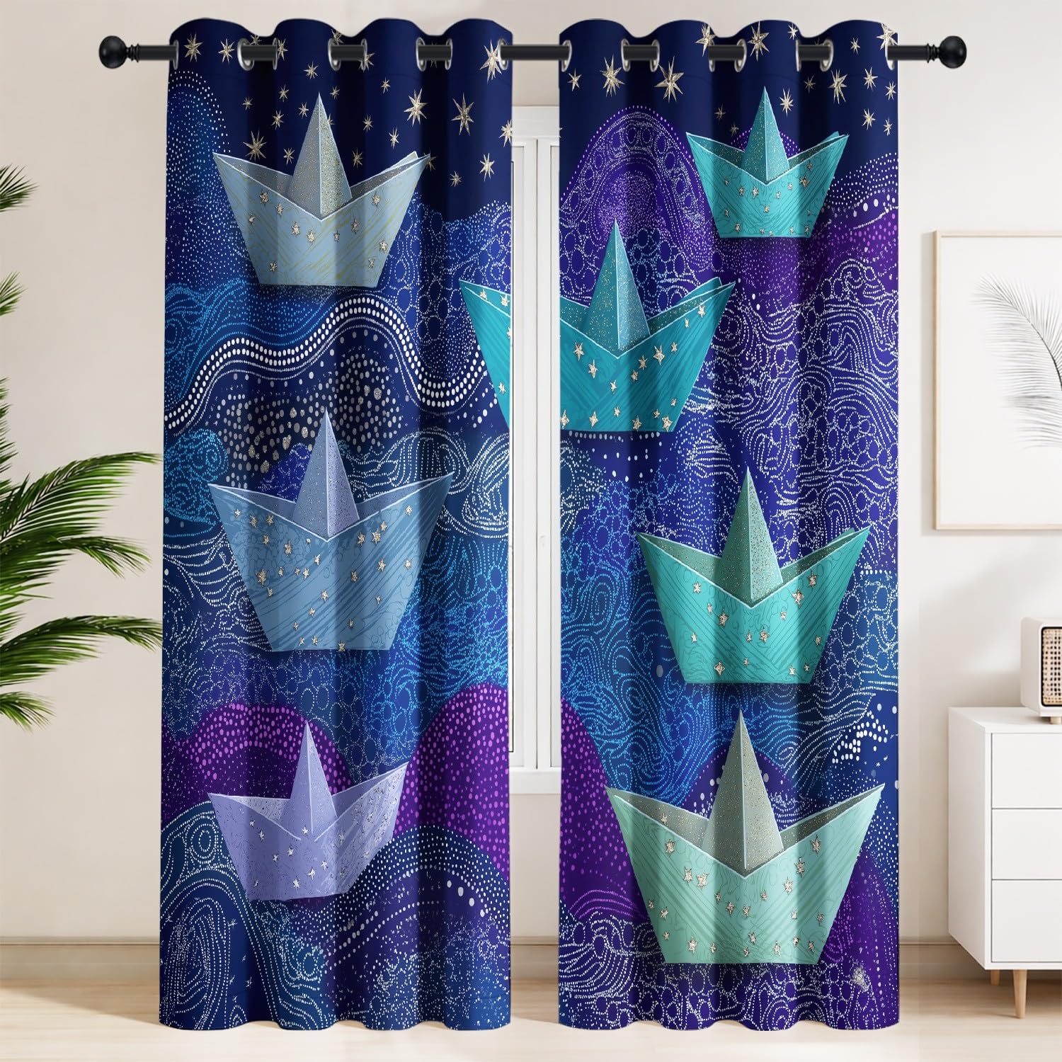 Rideau haut de gamme vagues océan chic occultant thermique 140x220 cm pour chambre