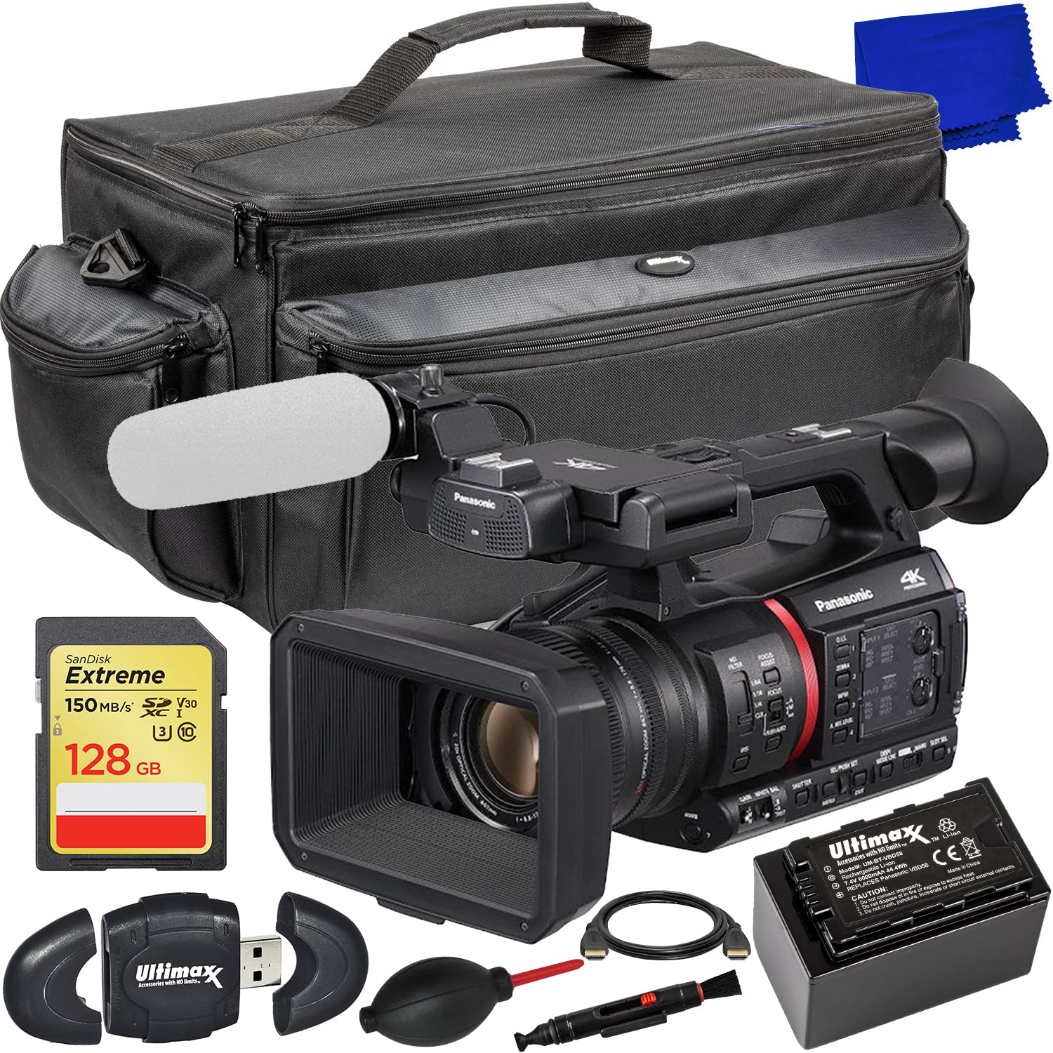 Ultimaxx Starter Bundle + Panasonic AG-CX350 4K Camcorder + SanDisk 128GB Extreme SDXC Memory Card, Extended Life Replacement Battery (6000 mAh), Water-Resistant Gadget Bag & More (17pc Bundle)