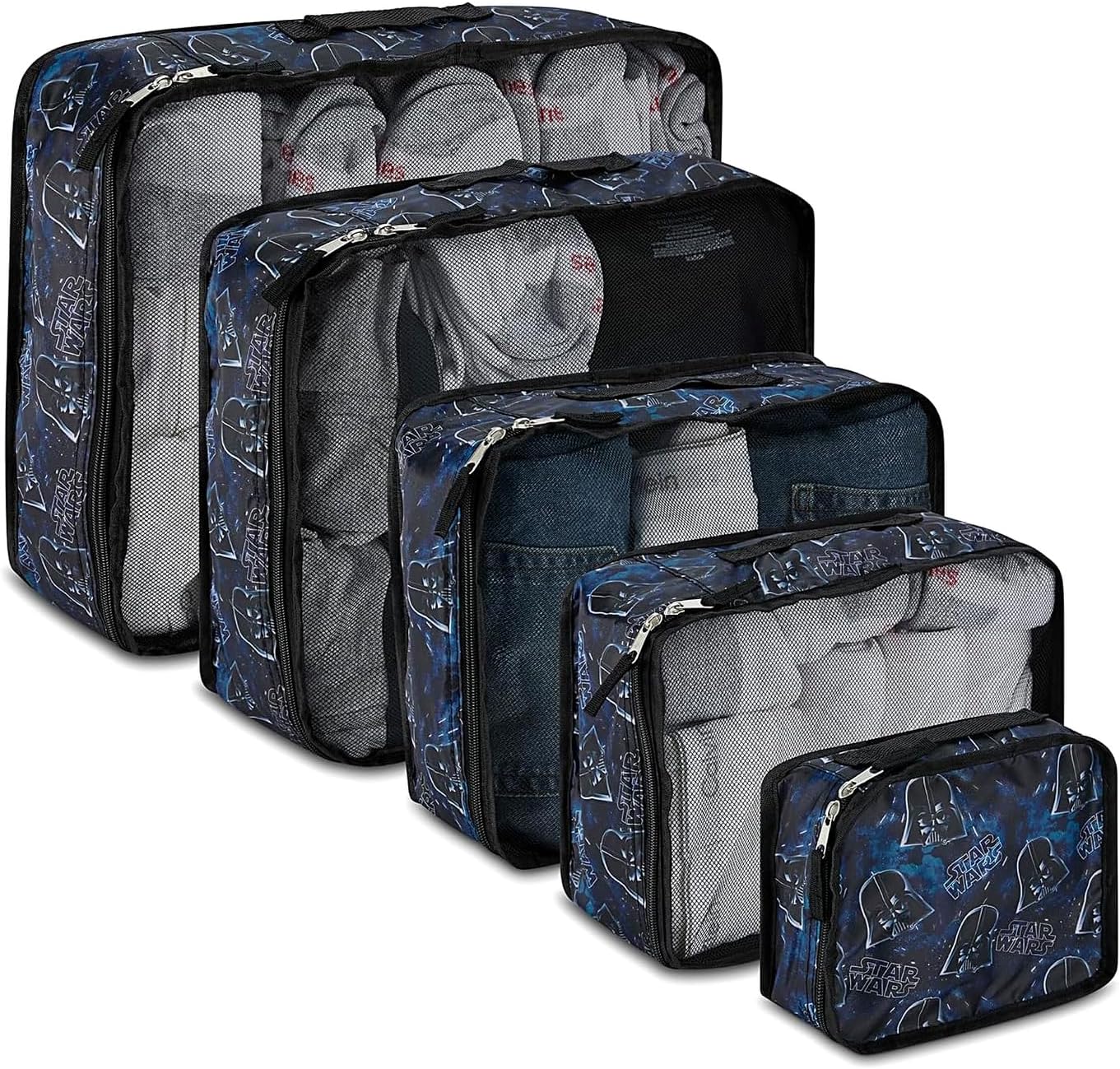 Star Wars Packing Cubes Set - Darth Vader, Storm Trooper, Yoda, Chewbacca - 5 Piece Travel Luggage Organizer for Kids Teens Adults - Disney Suitcase Essential