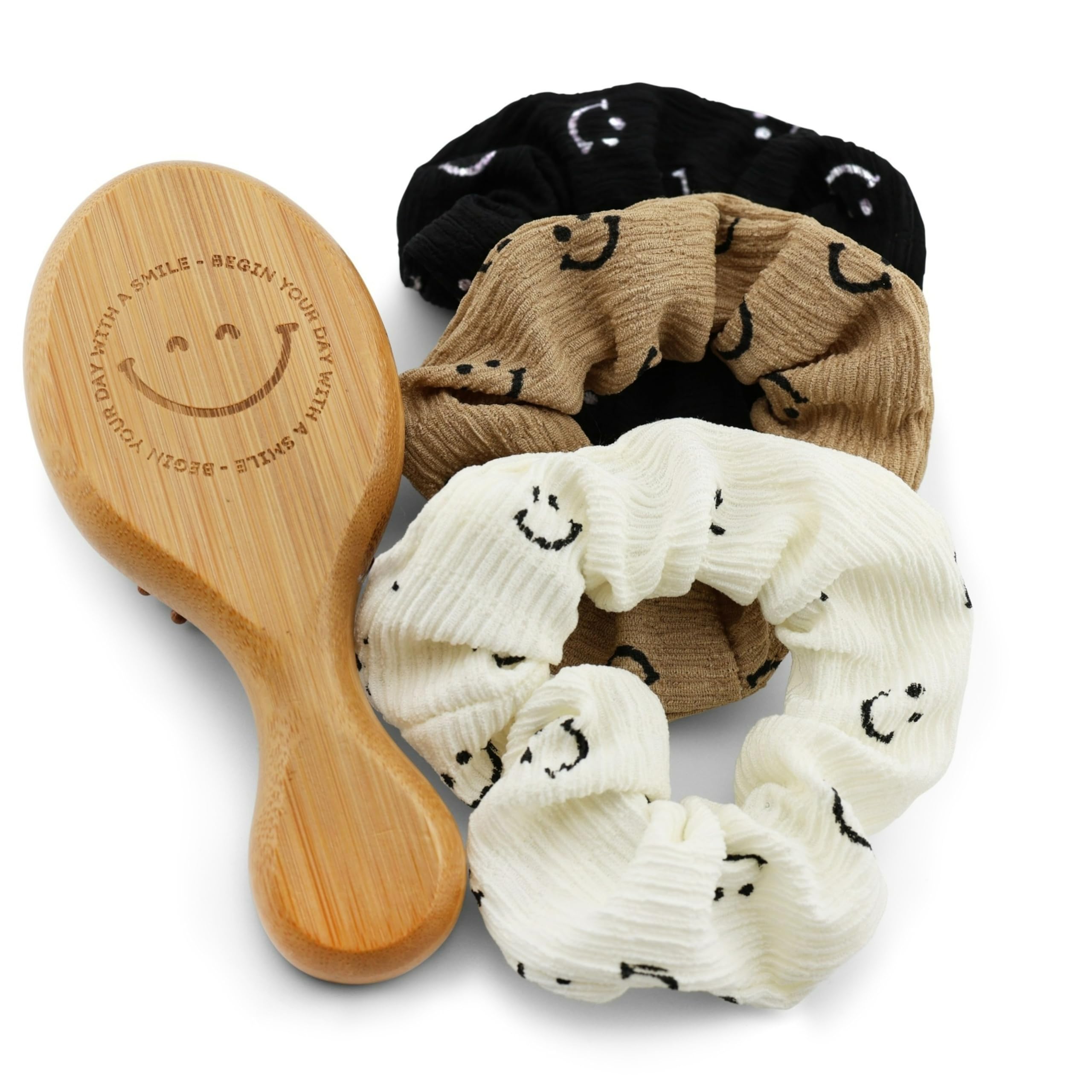 Smile Hair Brush and Set of 3 Scrunchies for Girls Detangling Comb and Cute Elastic Hair Ties For Women