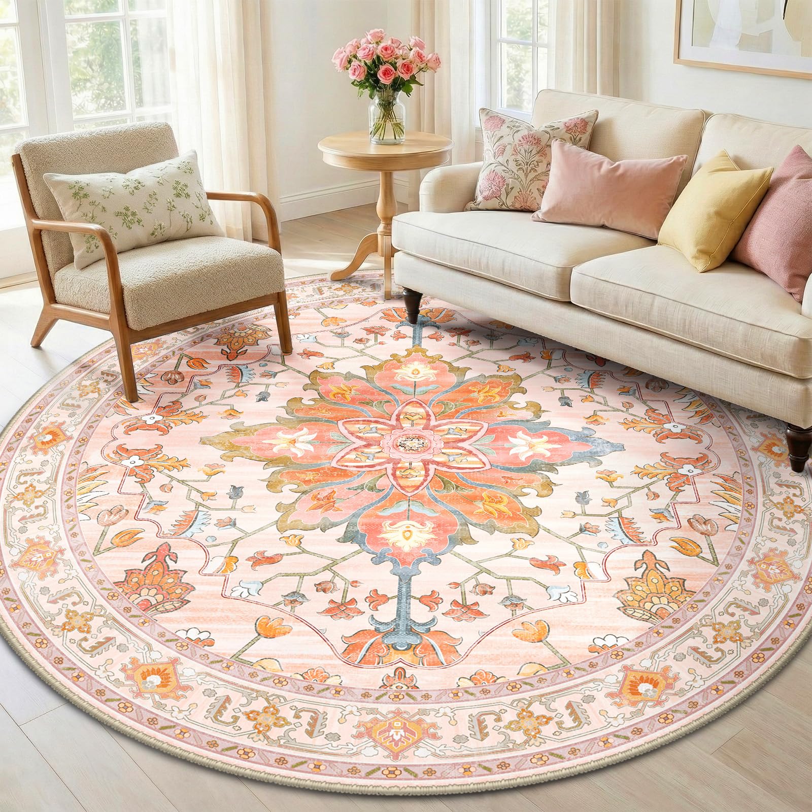 Photo 1 of RELEANY Area Rugs Round 6ft Washable Non-Slip, Floral Vintage Distress Medallion Carpet for Living Room Bedroom Dining Room, Light Pink Colorful