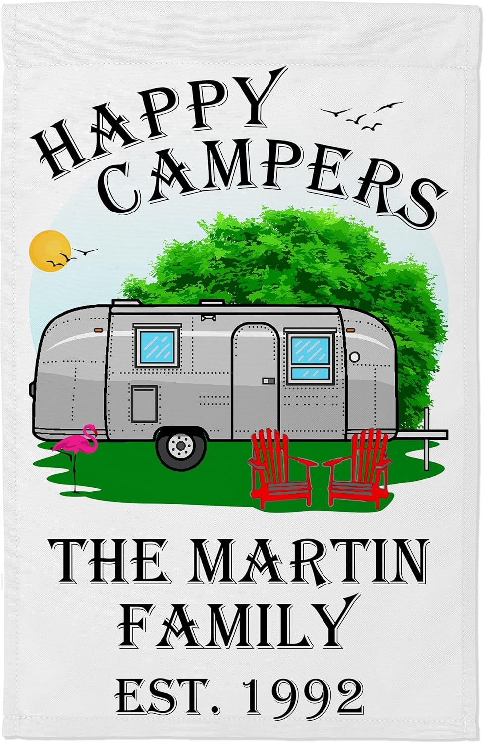 Personalized Airstream Motif Camping Flag, Happy Campers Plus 3 Additional Lines of Your Custom Text, Large Sized Trailer Printed on White Fabric