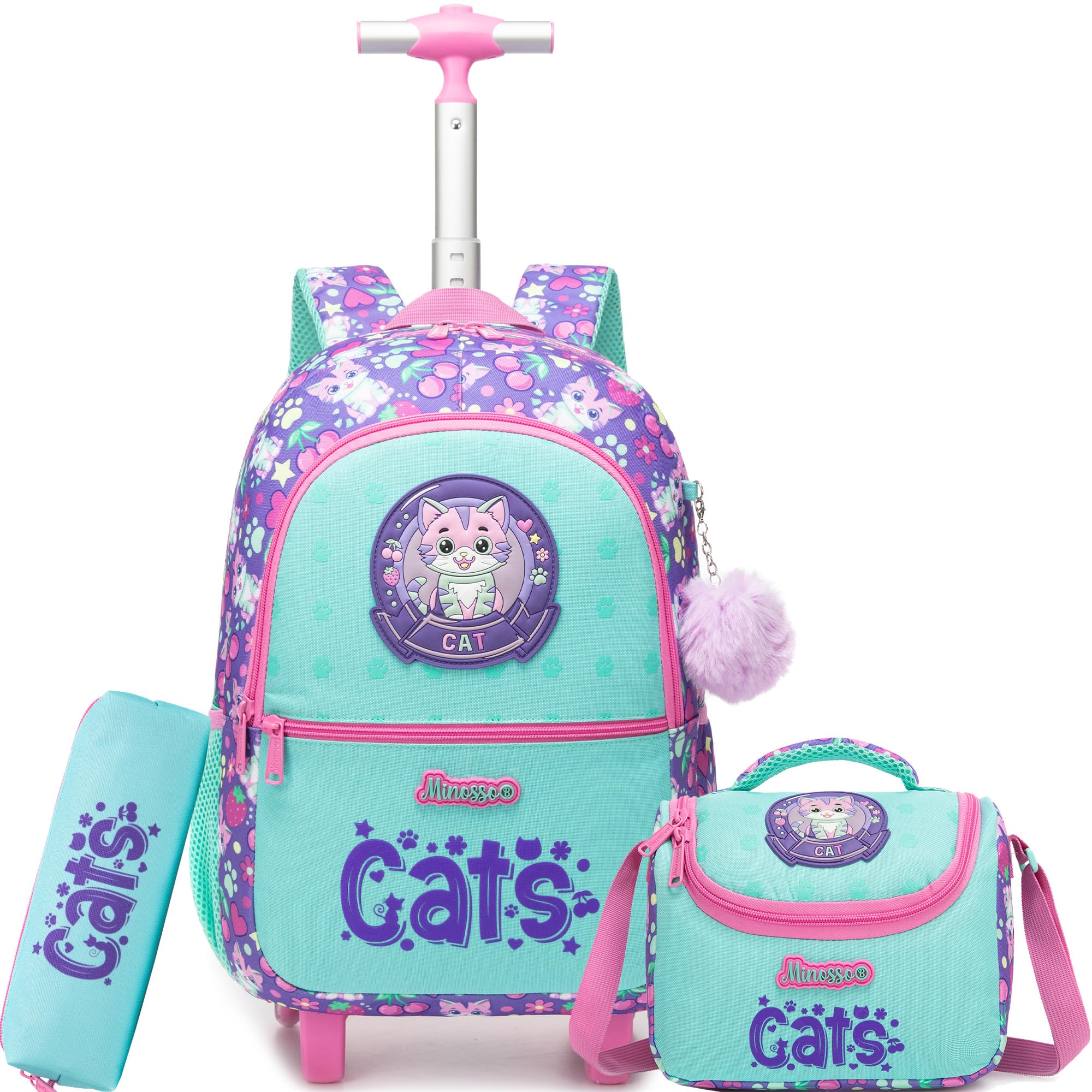 HTgroce Sac à Dos à Roulettes Fille Primaire Chat– Cartable a Roulette Fille – Idéal pour CP CE1 CE2 CM1 CM2