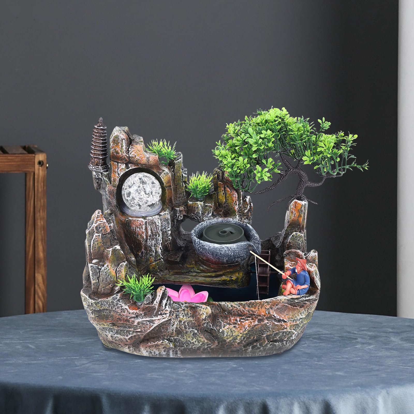 Fontaine intérieur LED éclairage avec plante verte - Fontaine de table avec brouillard - Cascade d'intérieur