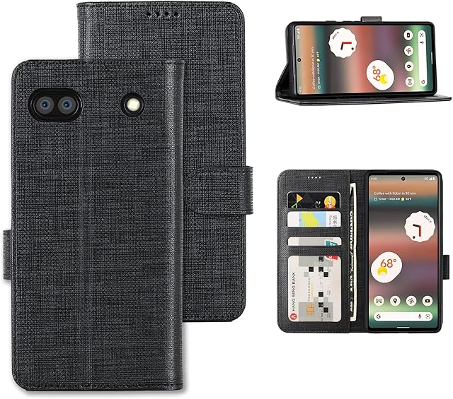 Foluu Case for Google Pixel 6A Case, Wallet Case Cover Card Holster Canvas Flip/Folio Soft TPU Cover Bumper with Kickstand Ultra Slim Strong Magnetic Closure for Google Pixel 6A 2022 (Black)