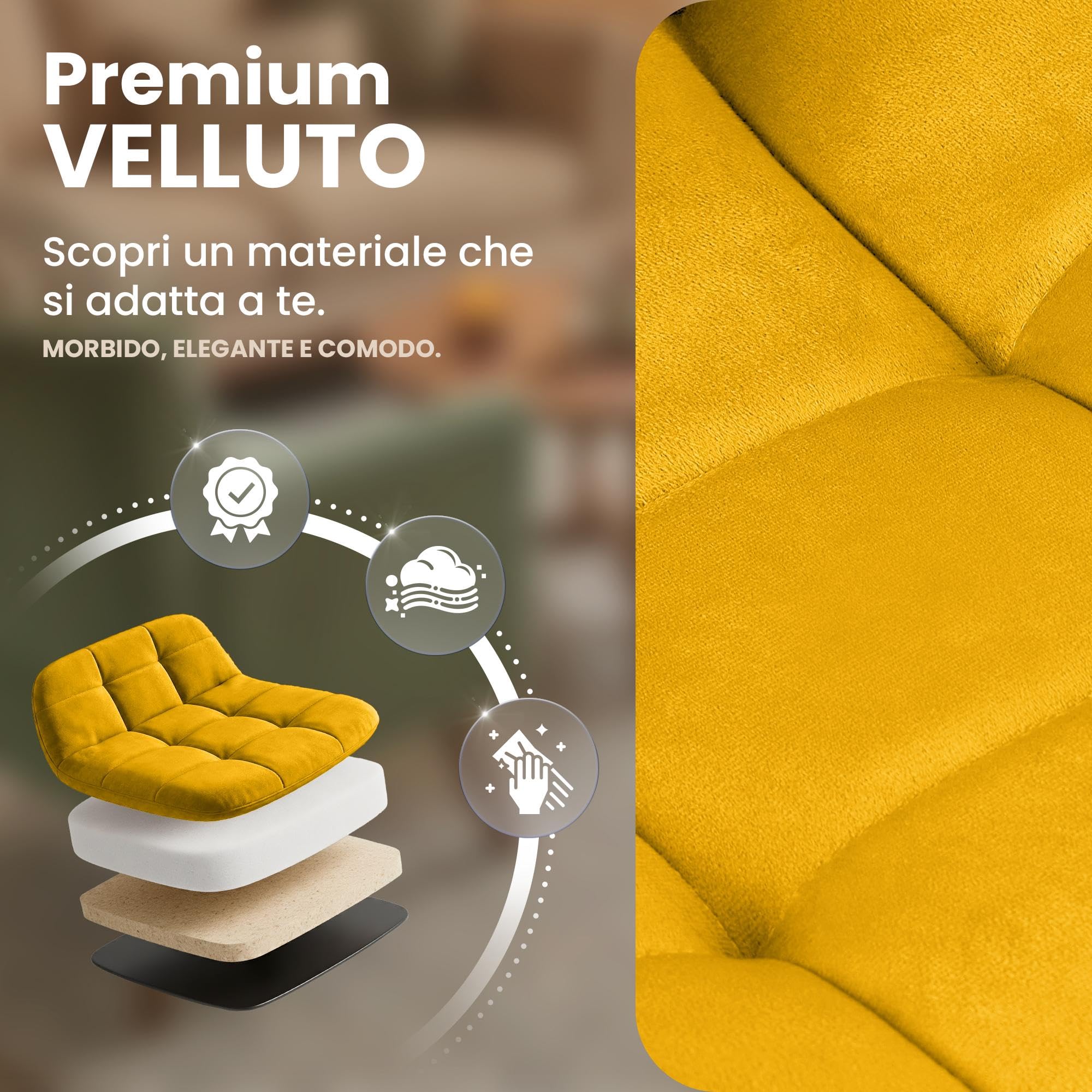 CLP Sedie da pranzo Antibes set da 4 imbottite, sedie cucina in velluto con schienale e struttura in metallo nero, portata fino a 150 kg Colore:giallo