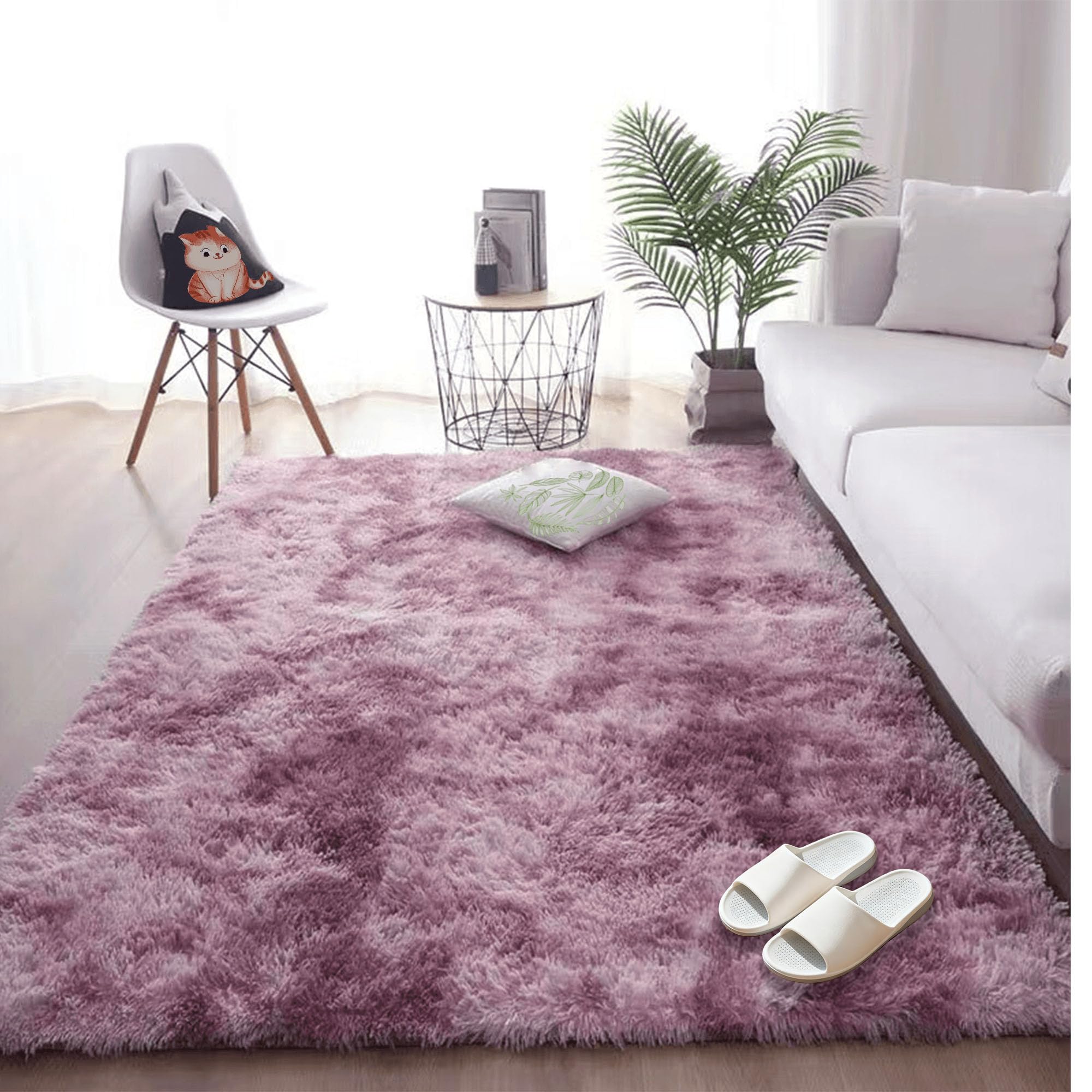 Tapis de salon lavable et grand tapis à poils longs rose pourpre antidérapant