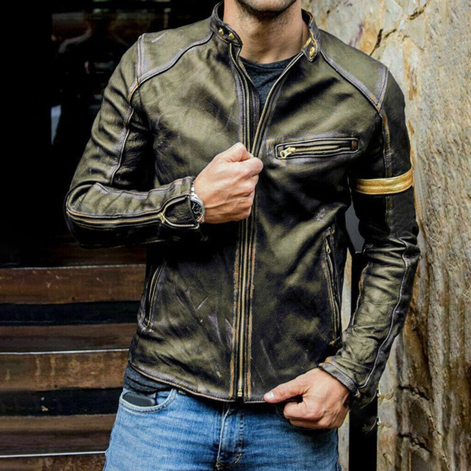 Veste en cuir pour homme - Vintage - Veste de moto surdimensionnée confortable - En cuir synthétique - Veste d'aviateur avec de nombreuses fermetures éclair et col montant - Style punk tendance