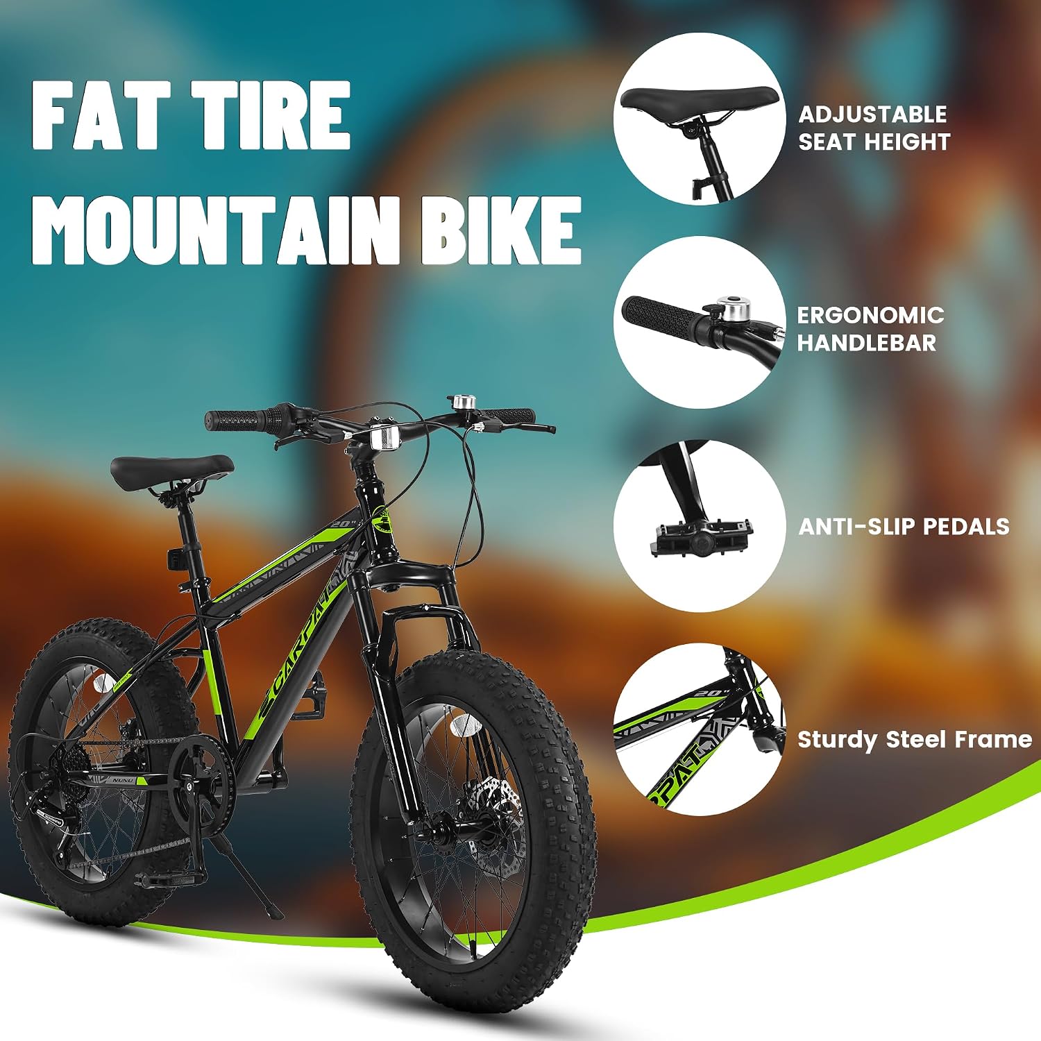 Ecarpat Kids Bike 20 Inch Wheels, 4" Wide Fat Tire Snow Mountain Bike Ages 8-12 Year Old, Steel Frame, 7 Speed Teenager Children Kids' Bicycles