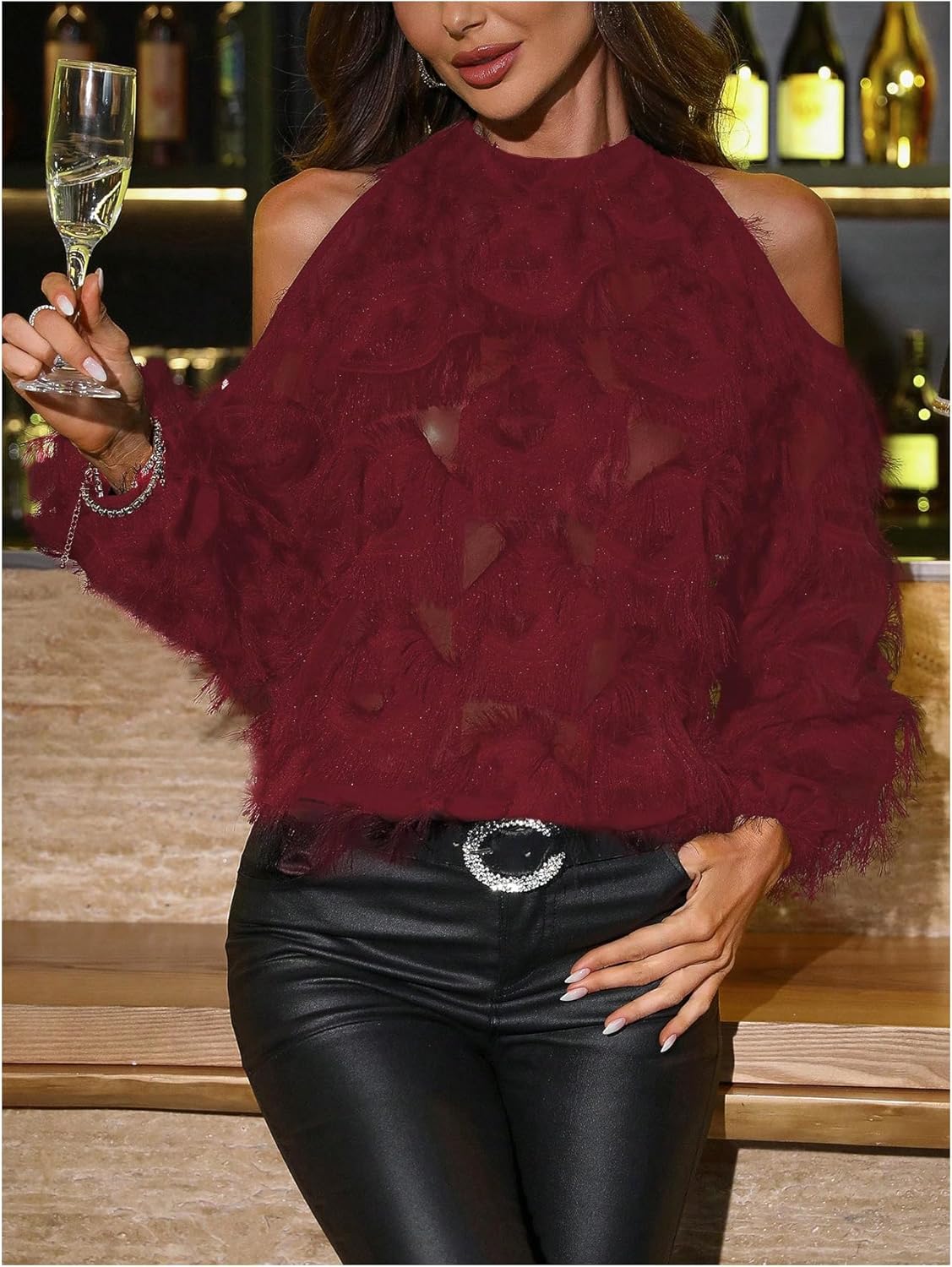 SHENHE Women's Cold Shoulder Blouse Tops Feather Fringe Halter Top Sexy Sheer Long Sleeve Shirts