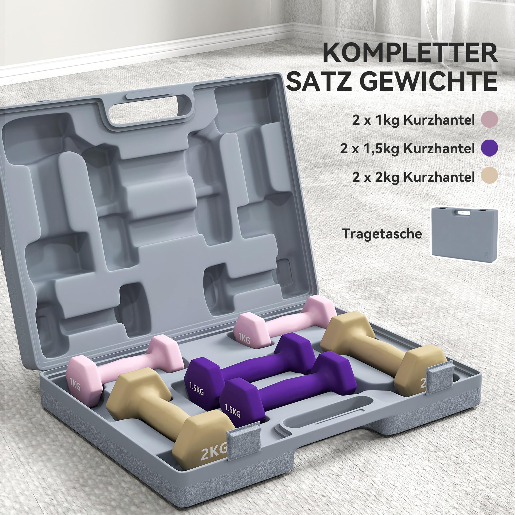 SPORTNOW Hantelset, 6er Set Hanteln mit Gewichten, Kurzhantelset aus Stahl, 1kg, 2kg Kurzhanteln für Männer und Frauen, Dumbbell Set für Zuhause, Fitnessstudio, Krafttraining