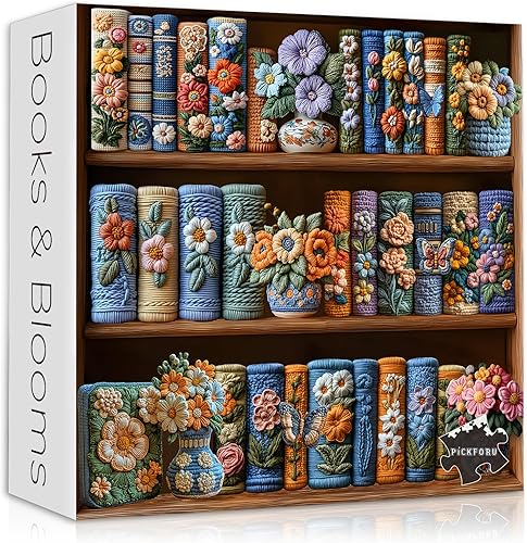 PICKFORU Rompecabezas de estantería floreciente para adultos, 1000 piezas, biblioteca de rompecabezas de flores vintage, rompecabezas de páginas de