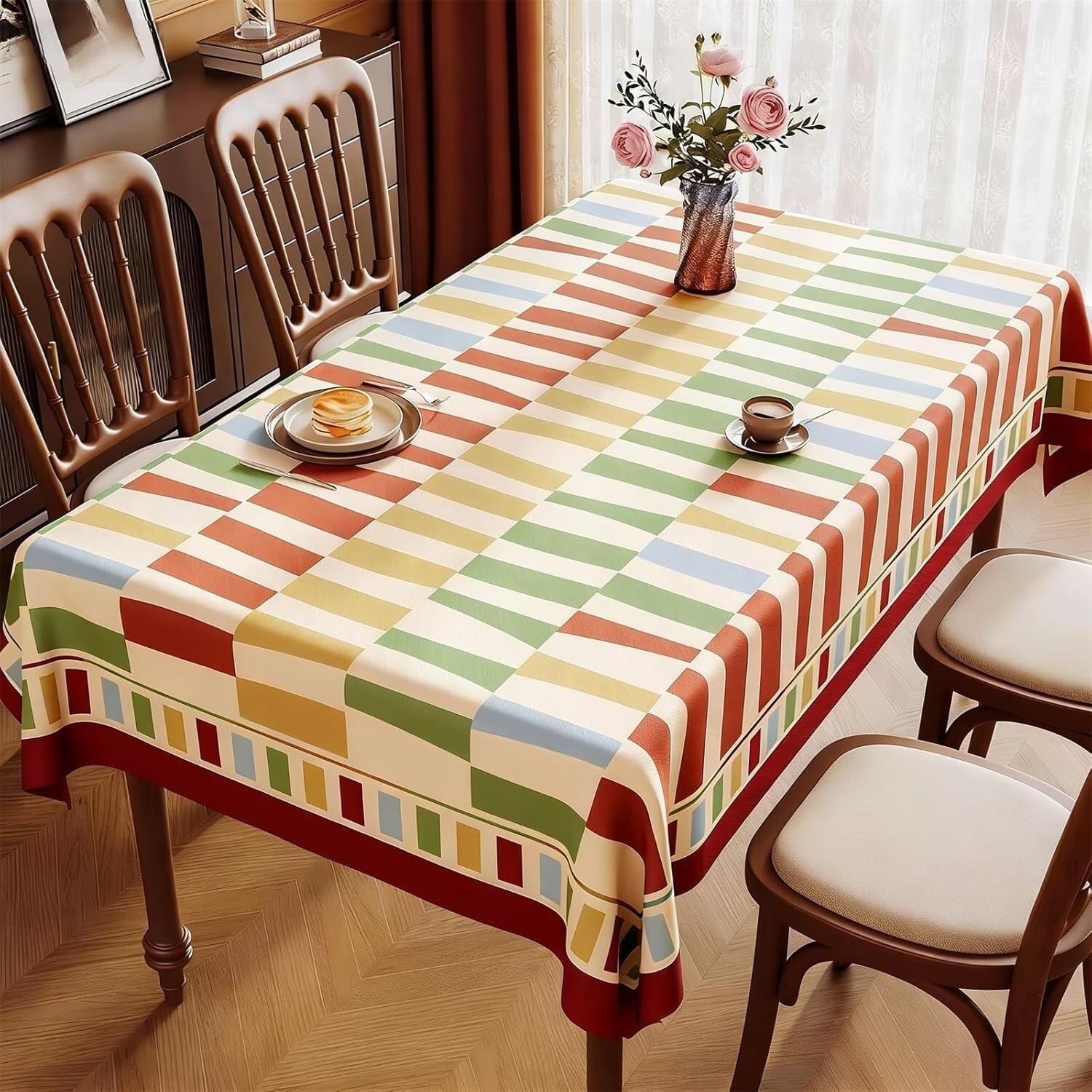 Prostokątny obrus w kolorowe paski, idealny na przyjęcia w ogrodzie(Green,140x220cm)