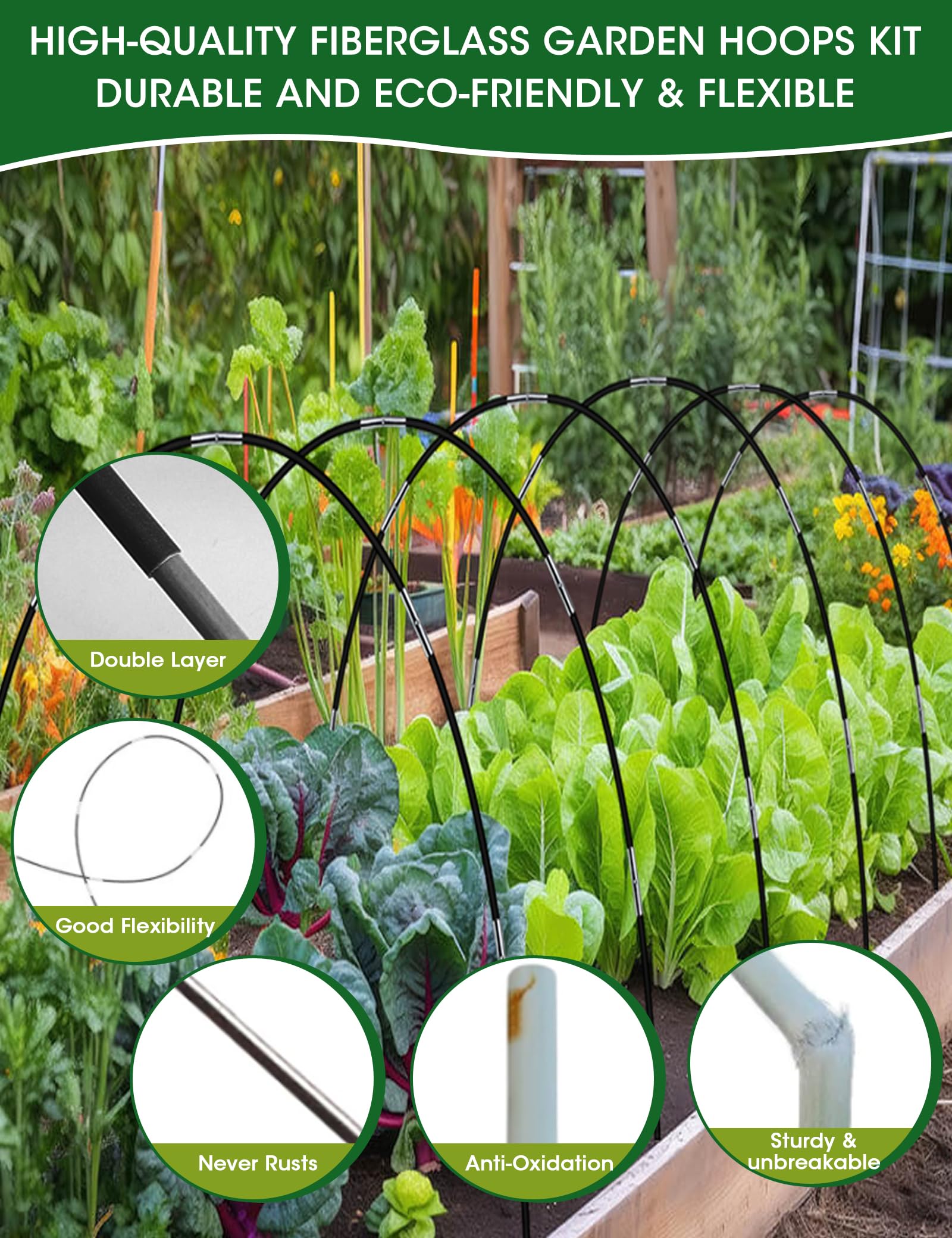 Cerchi da Giardino per Serra, 60 Pezzi Tunnel per Piante da Giardino, Archi per Serra da Giardino, Strutture per Serre a Tunnel, Pneumatici per Serra, Supporto Regolabile in Fibra di Vetro