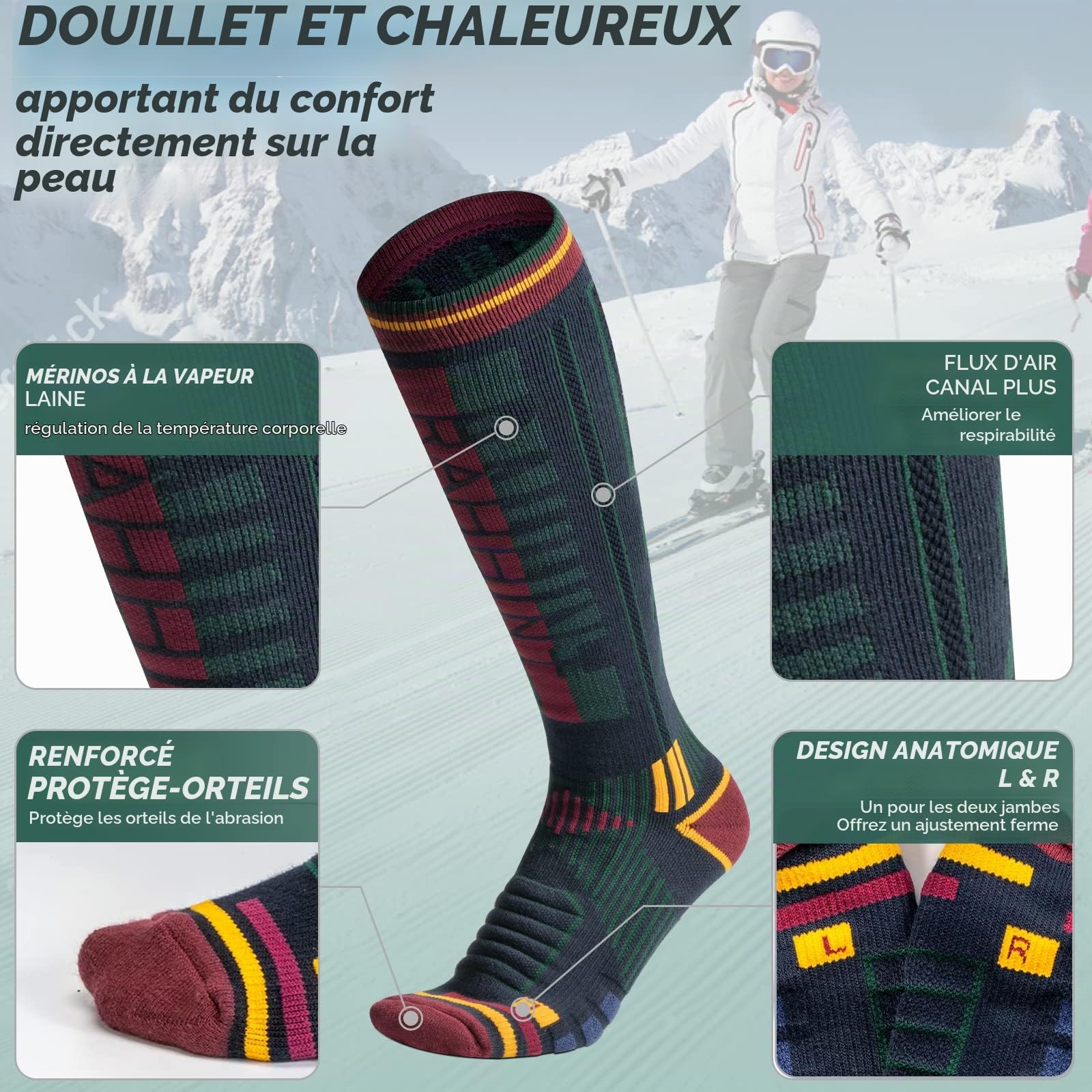 Rahhint 2 Paires Chaussette Ski En Laine Mérinos Pour Hommes,Femmes Et Jeunes,Chaussettes De Ski Thermiques épaisses Pour Les