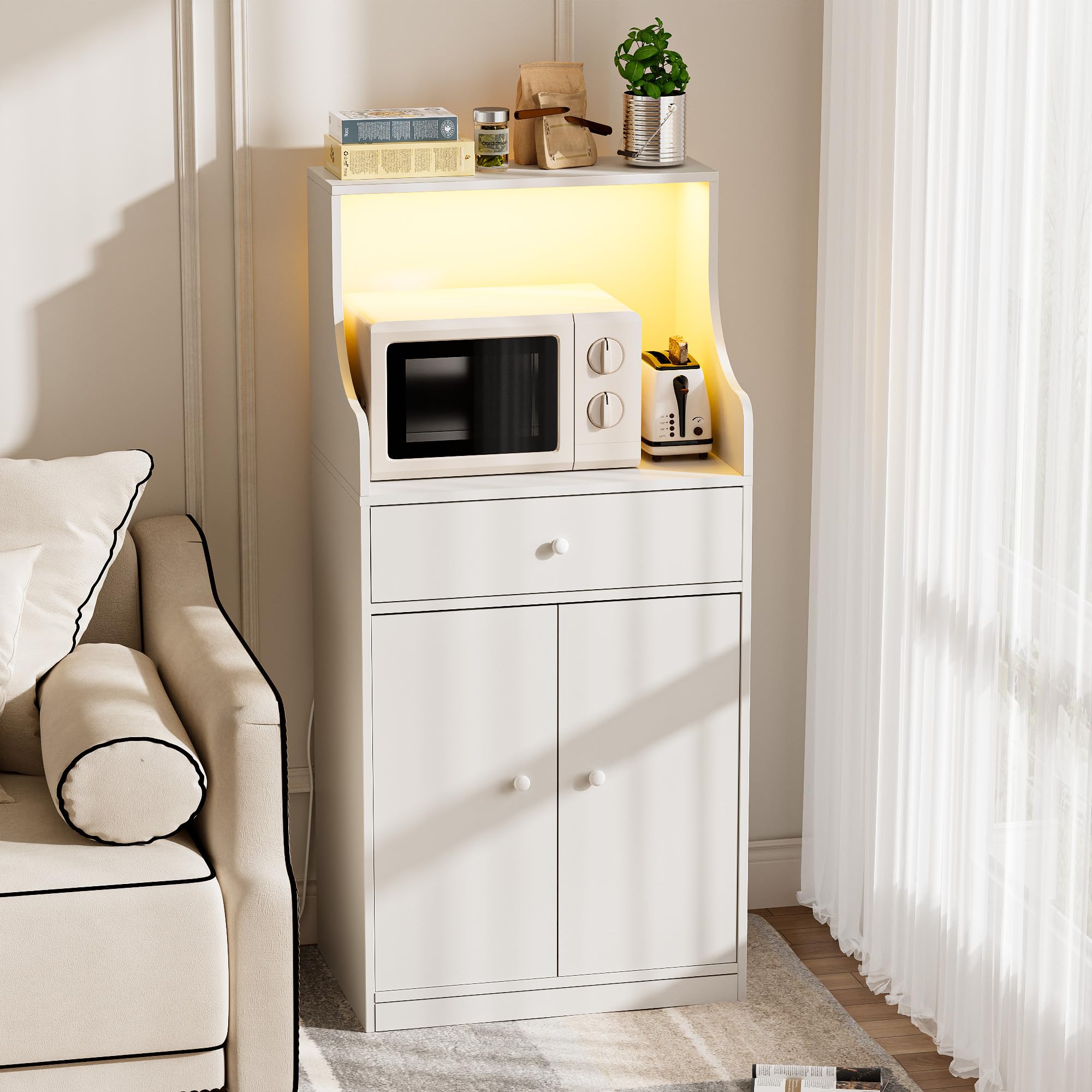 Küchen Möbel Küchenschrank Buffetschrank mit Steckdose und LED-Lichtleiste Küche Sideboard mit 1 Schubladen 1 Großer Schrank und Mikrowellenregal 60x 40x123 cm Anrichte für Esszimmer, Wohnzimmer Weiß
