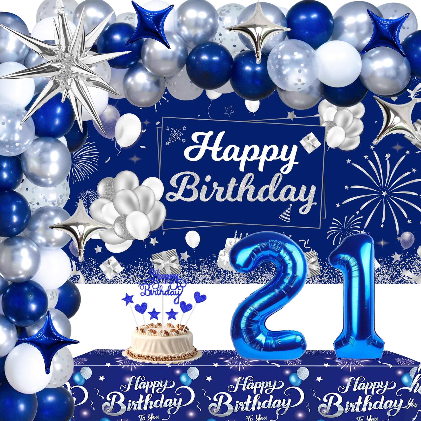 Blue 21st Birthday Decorations for Him Her, 21st Silver and Navy Blue Birthday Decorations for Men Women with Happy Birthday Backdrop Banner