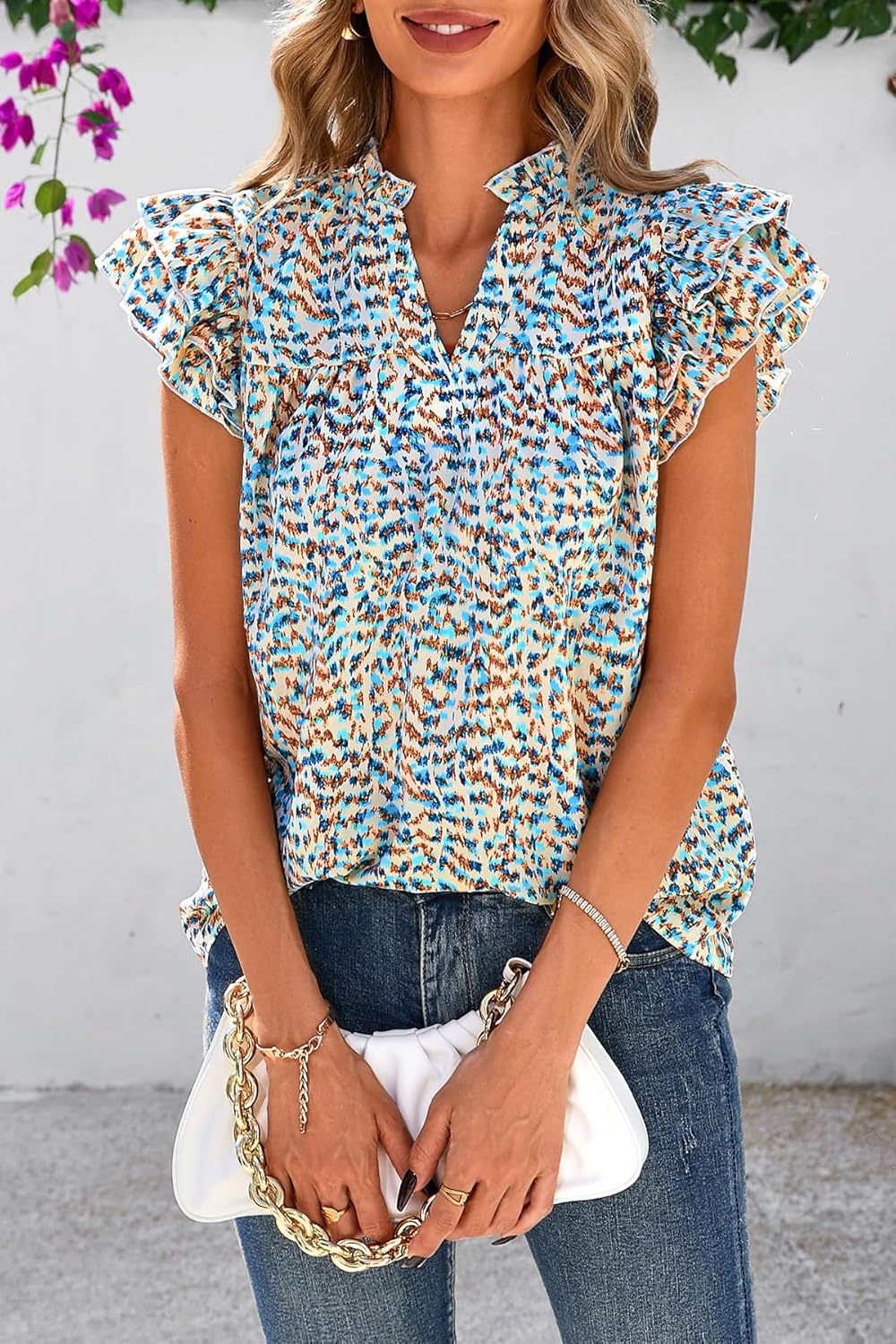 CFLONGE Summer Tops for Women 2026 V Neck Ruffle Short Sleeve Business Casual Blouse Dressy Work Floral Tunic Going Out Tops - Image 7