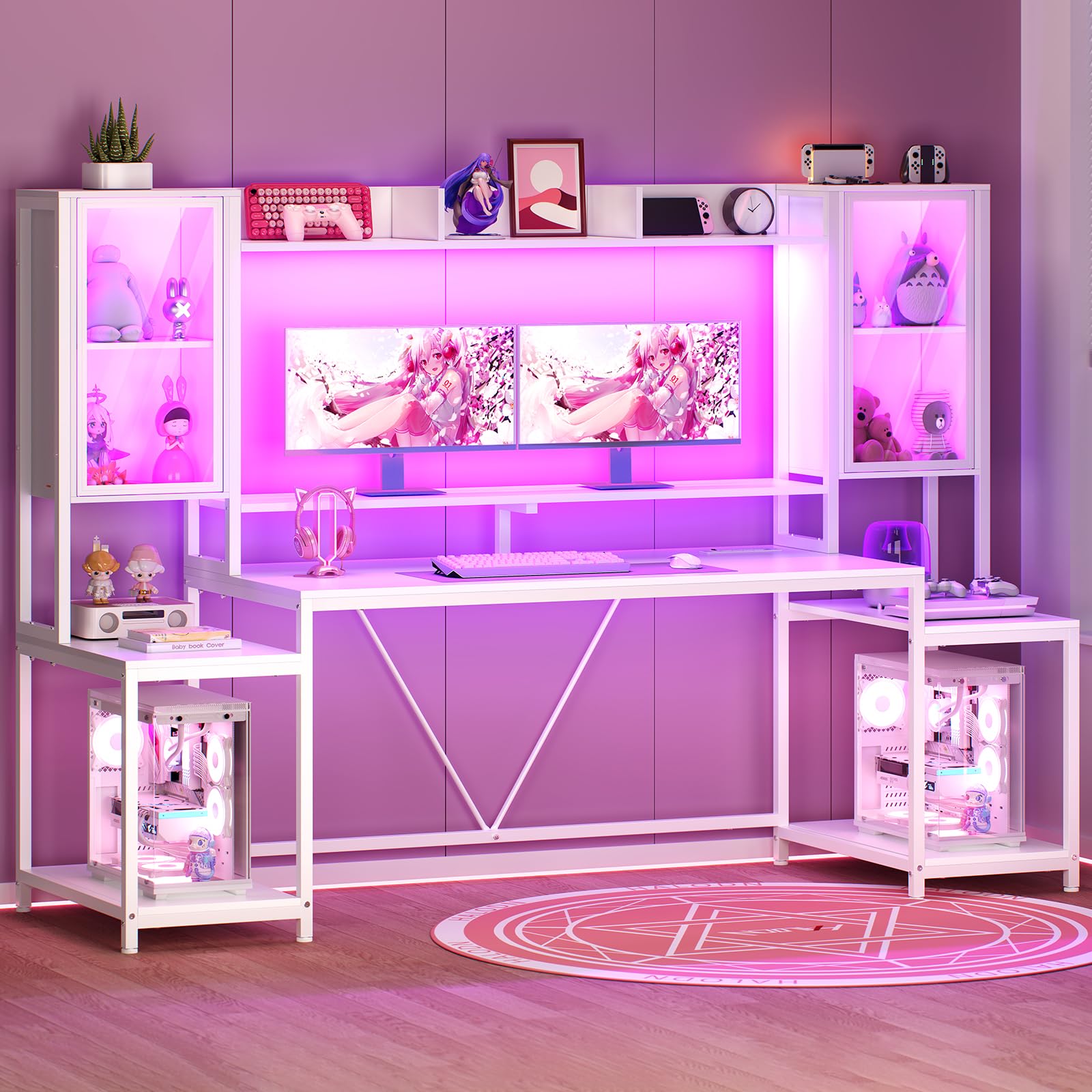 SEDETA Gaming Desk 74.8'' with LED Lights, Hutch and Storage Shelves, Computer Desk with Monitor Stand, Large PC Gamer Desk Workstation, Ergonomic Gaming Table for Bedroom, Living Room, White