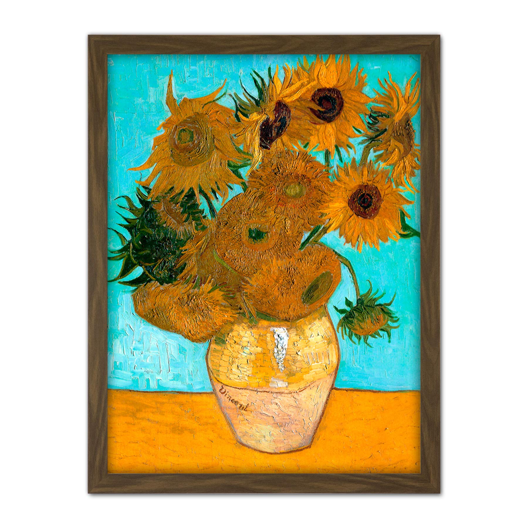 Wee Blue Coo Van Gogh Vase With Twelve Sunflowers Artwork Framed Wall Art Print 18X24 Inch