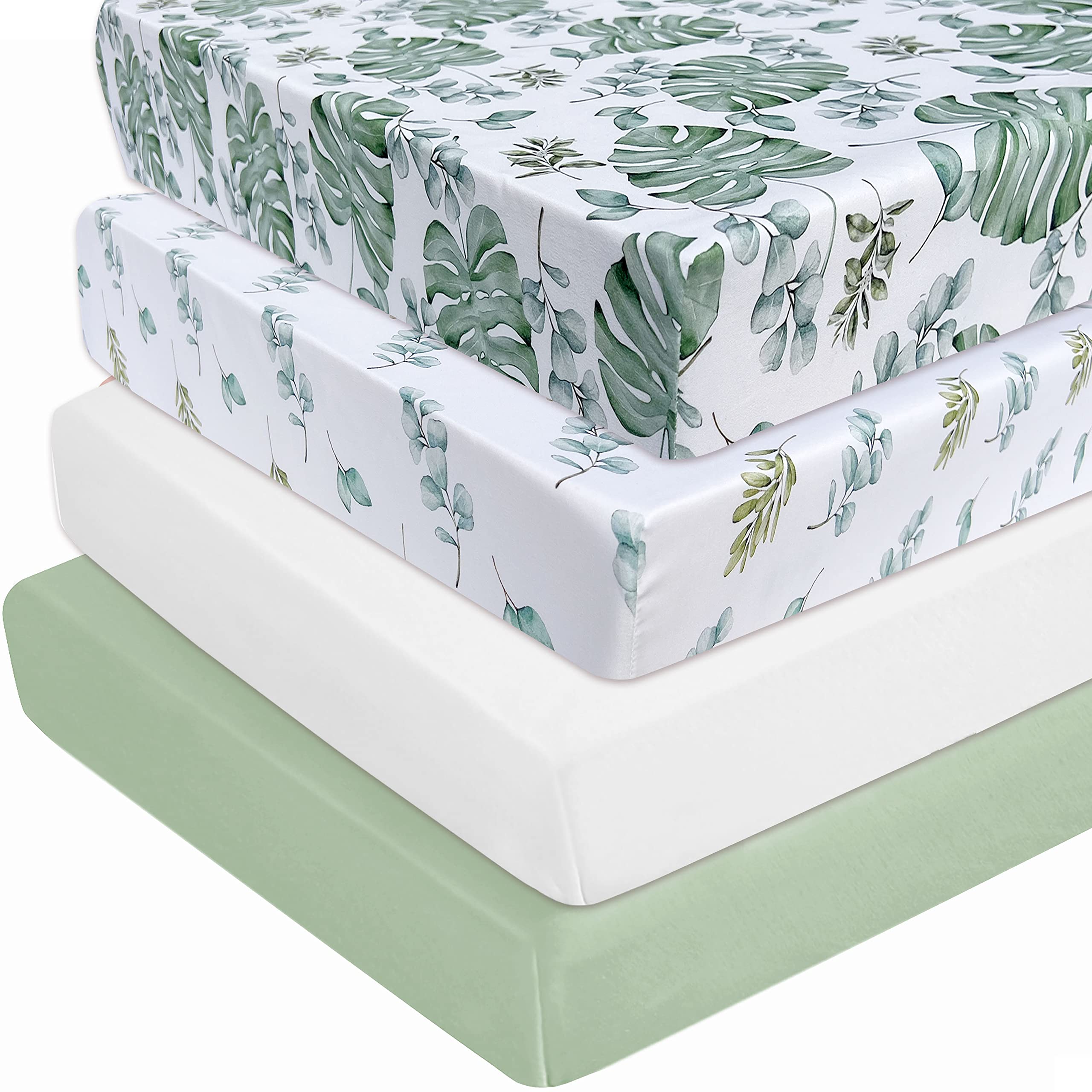 AMROSE 4 Pack Soft Crib Sheets for Baby Girls Boys, 28'' X 52'' Fitted Crib Sheets for Crib and Toddler Mattress, Silk Touch Gentle Breathable Microfiber, Sage Green Leaf