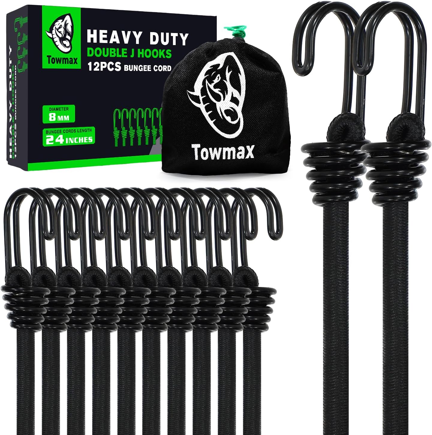 24 Inch Bungee Cord with Hooks, Bungee Cord Heavy Duty Outdoor, No Odour Industrial Grade Bungie Cord for Camping, Kayaking or Fastening Items 12 Pcs (Black)