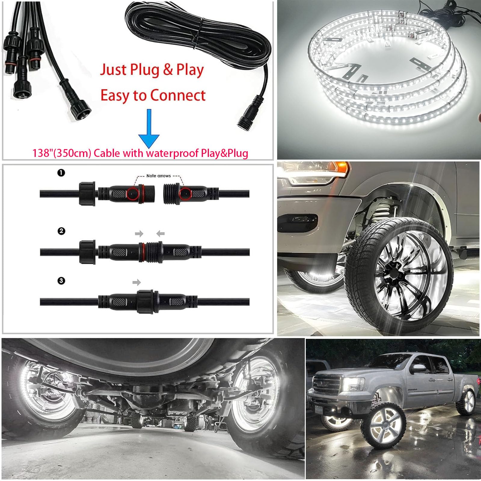 Kingshowstar 4Pcs Double Side 17in Wheel Ring Lights Super Bright 614Pcs 5050-SMD LED Wheel Lights with APP & RF Remote Control,Waterproof IP68 Pure White Wheel Rim Lights for Trucks Cars