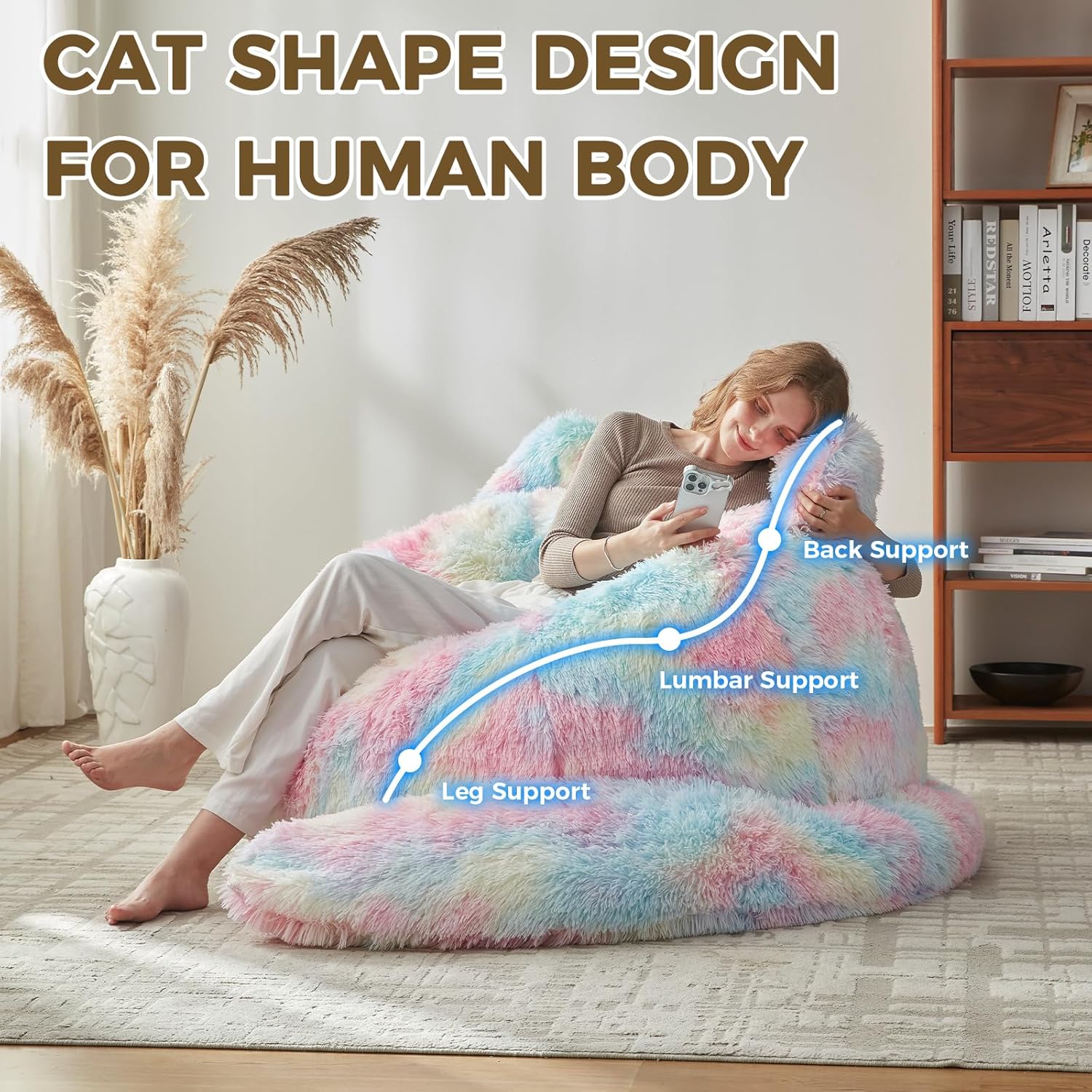 Bean Bag Chair for Adults Teen,Giant Bean Bag Chairs Cat Design,Plush Faux Fur Beanbag Couch Comfy Accent Floor Sofa for Reading, Playing, Relaxing in Living Room, Bedroom