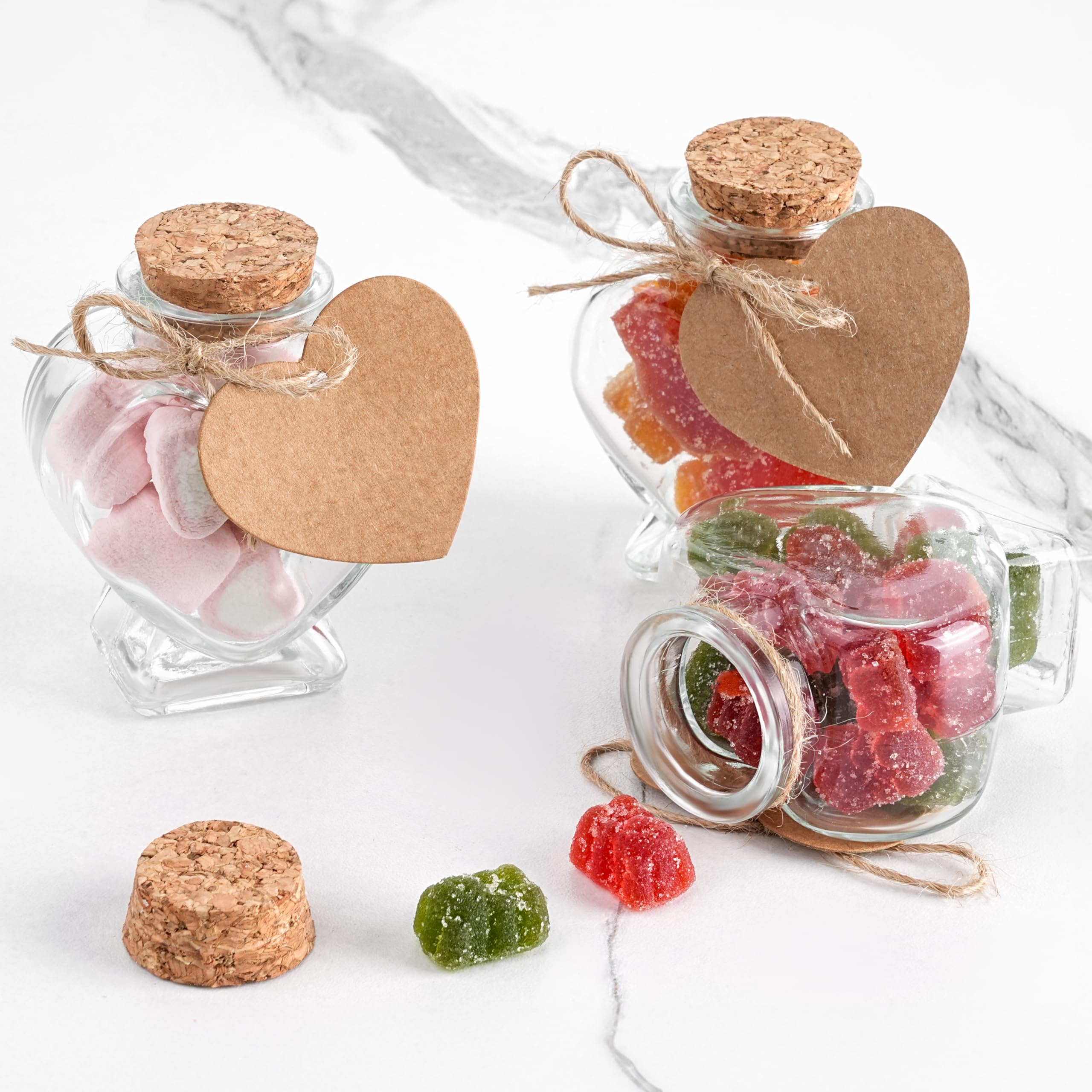 Winter Shore Boccette Vetro Tappo Sughero Cuore da 70 ml con Etichette e Cordoncini - Set da 12 Bottiglie Particolari per Messaggi e Bricolage