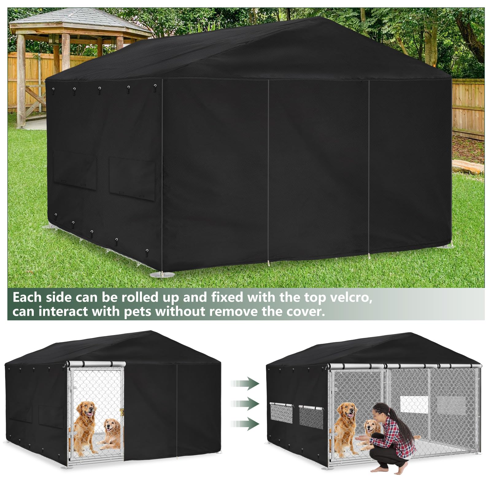 Hundehüttenabdeckung für den Außenbereich, 3 m T x 3 m B x 1,8 m H, vollständige Abdeckung, winddicht, UV-Schutz, mit transparentem PVC-Fenster und atmungsaktivem Netz. Wasserdichte