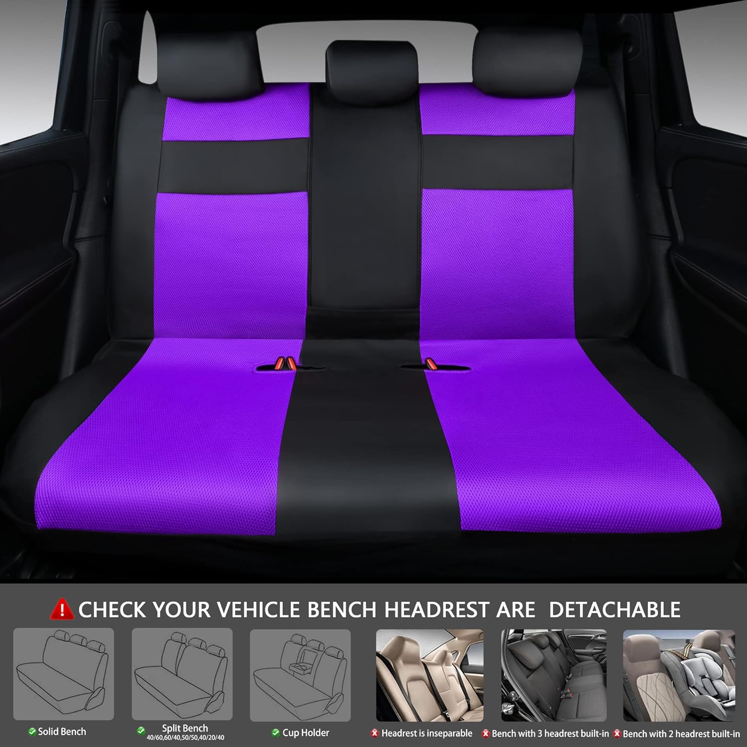 CAR PASS Leather 3D Foam Back Support Car Seat Covers Full Set Air Mesh Automotive Seat Covers, All Season Car Seat Cover Fit Automotive,SUV,Sedan,Van, Airbag Compatible Elegance (Black Purple)