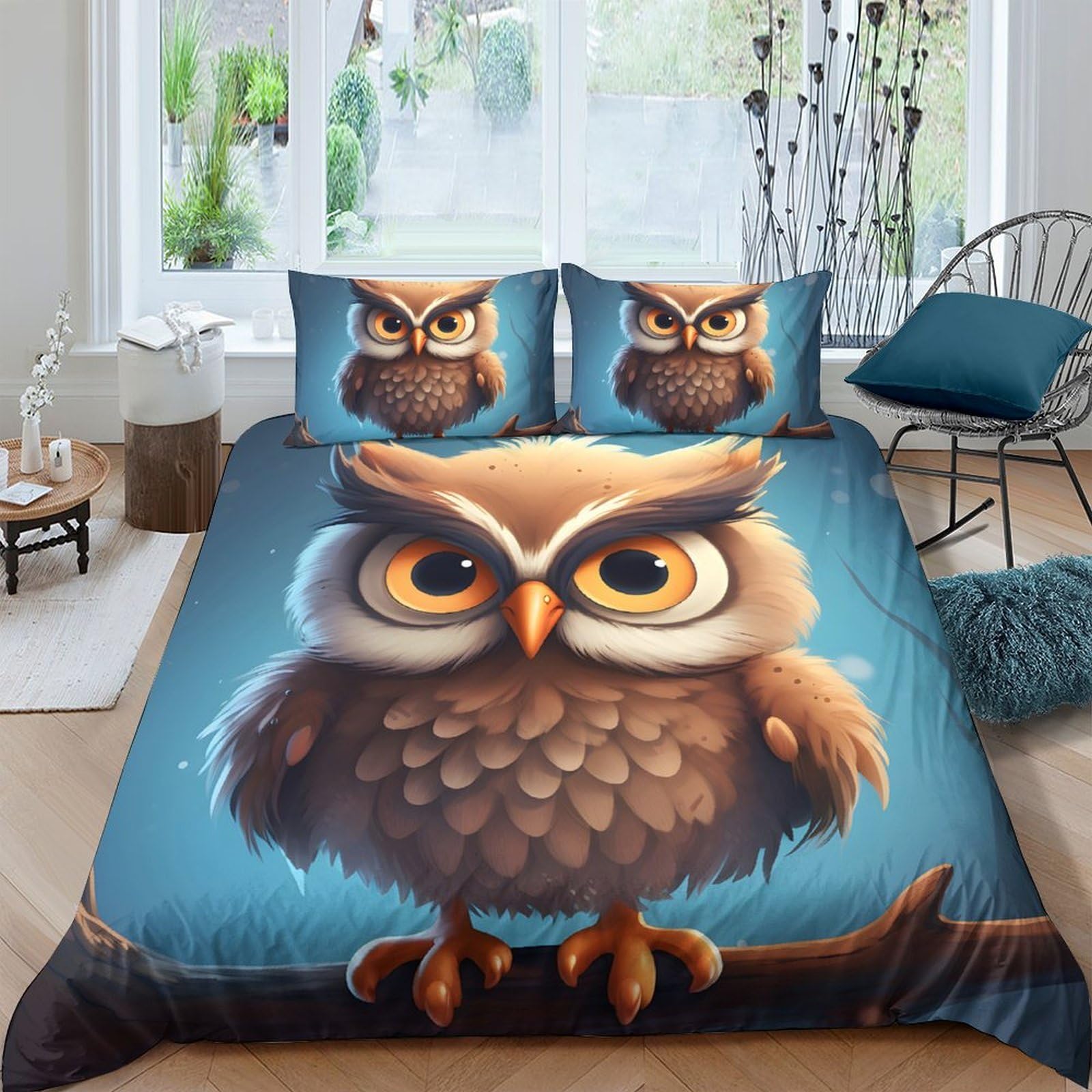 TUFRTGYHN 3D Printed Cartoon Owl Duvet Cover Microfiber Soft Breathable Forest Animal Bedding Set with 2 Pillowcases for Bedroom Decor Single（135x200cm）