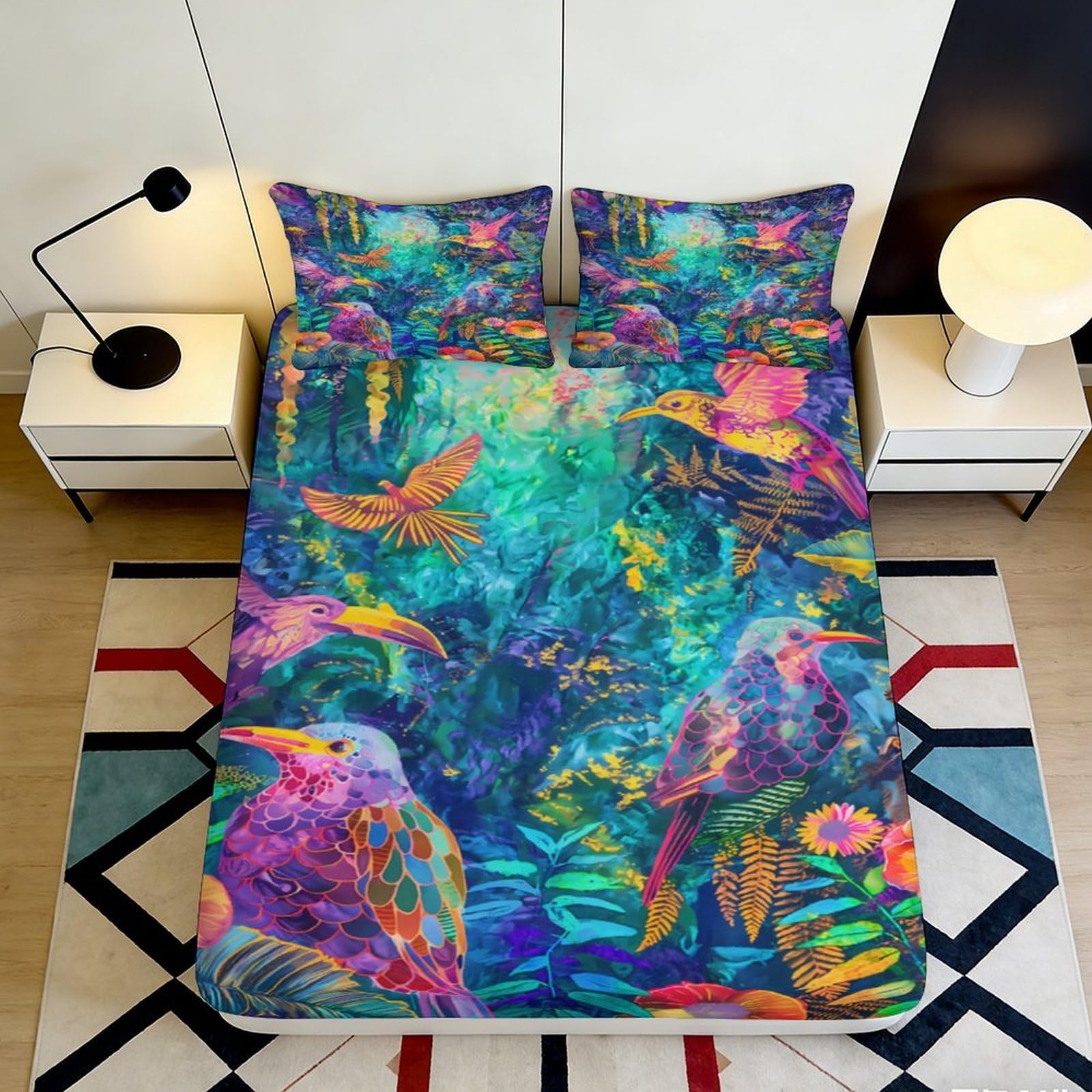 3D Printed Tropical Birds Fitted Sheet Microfiber Soft Vibrant Rainforest Mattress Cover for Bedroom Guestroom Decor 90x200x25cm