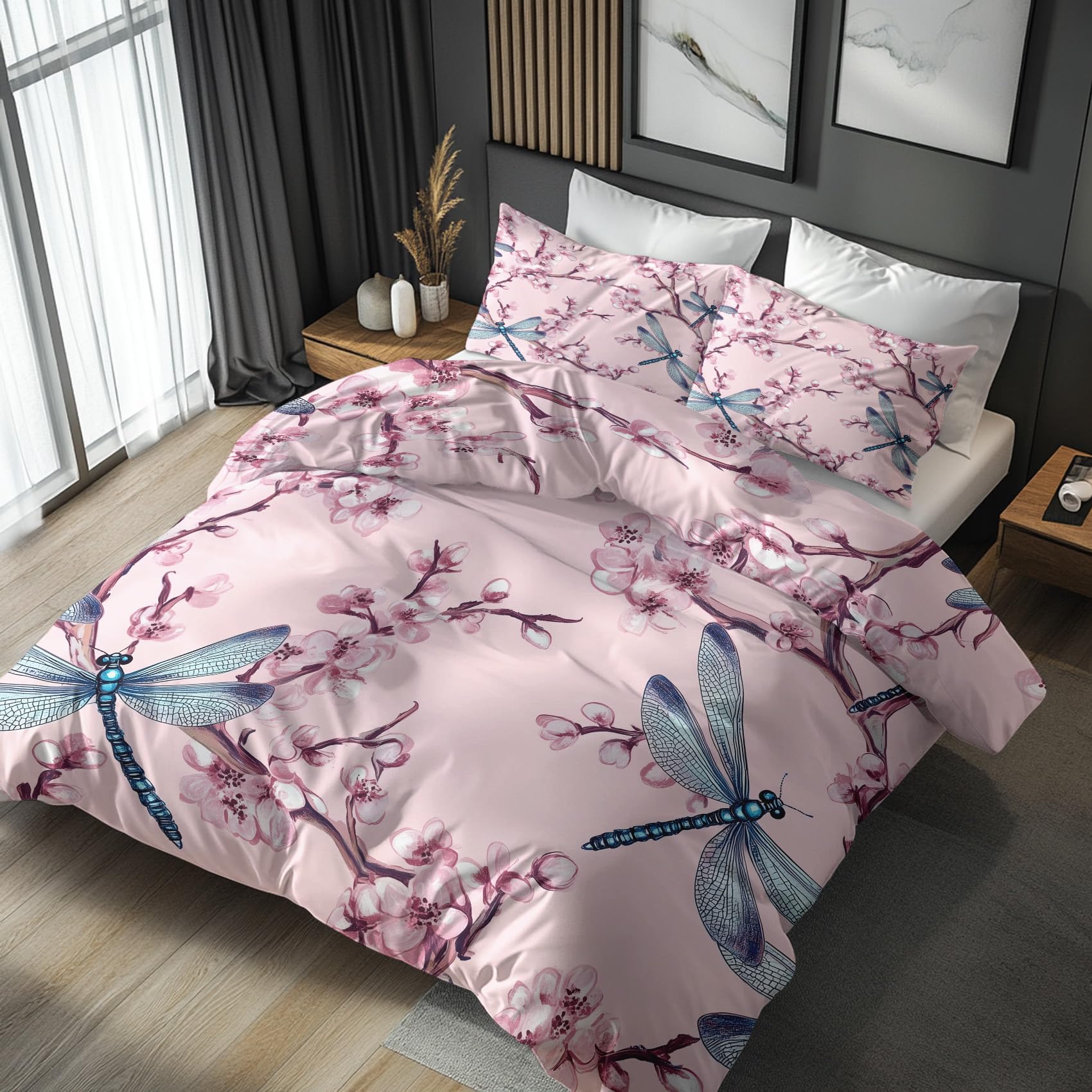 Nogawa Multicolor Dragonfly Cherry Blossom Bedding Double - Pink Floral Duvet Cover Double, Reversible Quilt Cover & 2 Pillowcases With Zip And Ties, Ultra Soft And Breathable Brushed Microfibre Bed Set