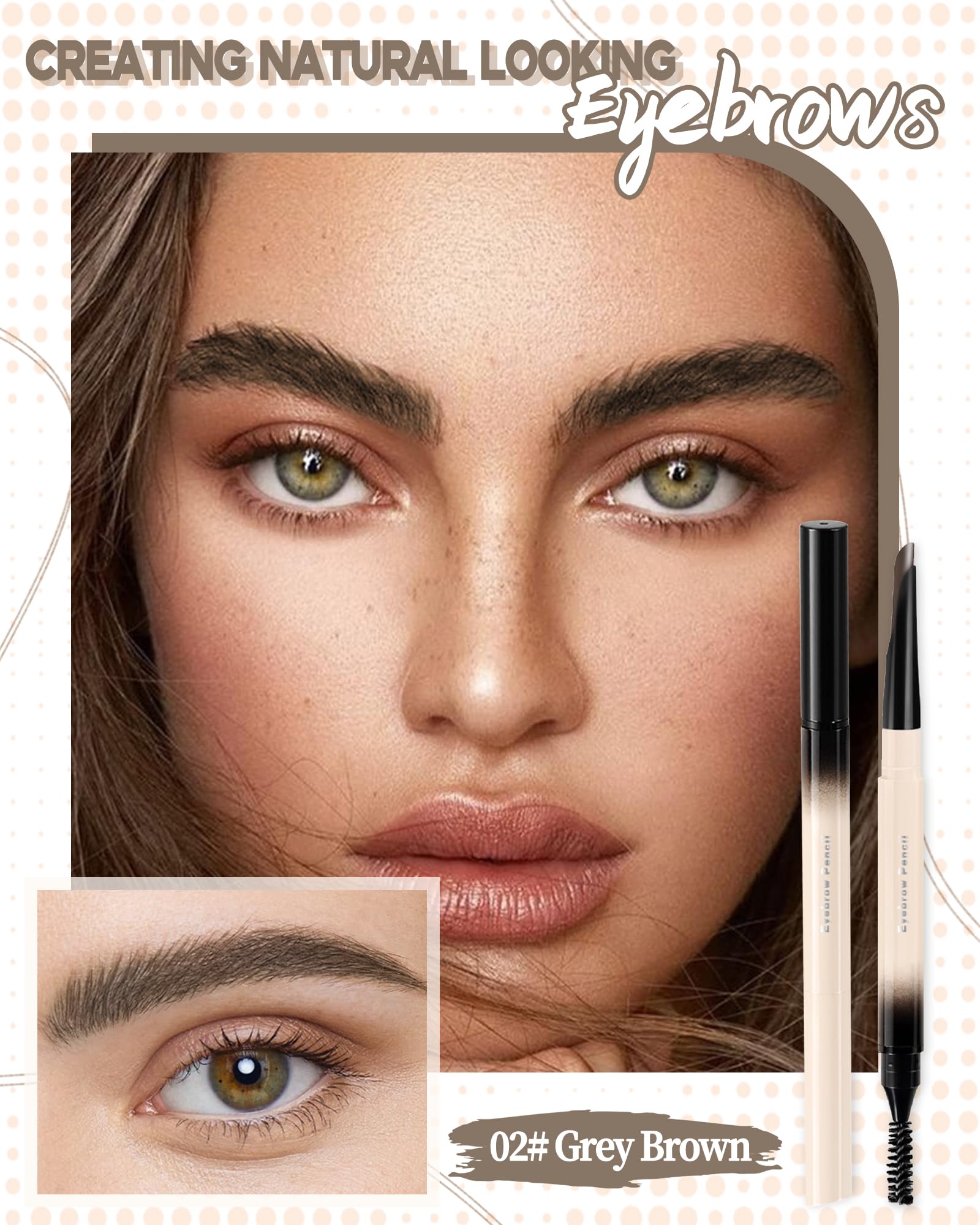 Retractable Eyebrow Definer Pencil with Spoolie, Grey Brown, Waterproof Long Lasting Brow Pencil, Soft Textured, Angled Tip Applicator for Natural-Looking Brows, Eyebrow Filler Pen Makeup for Women-02