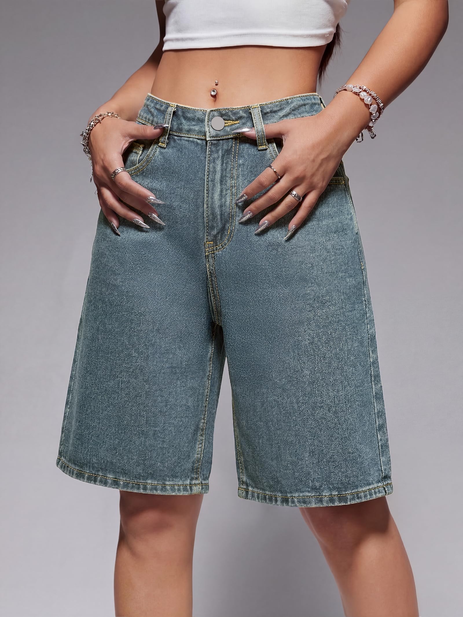 EMMIOL Damen-Jorts, Baggy-Jeans, Jorts, Outfits, mittel-niedrige Taille, Denim-Shorts, Y2K-Shorts, Sommer, heiße kurze Hose, Streetwear