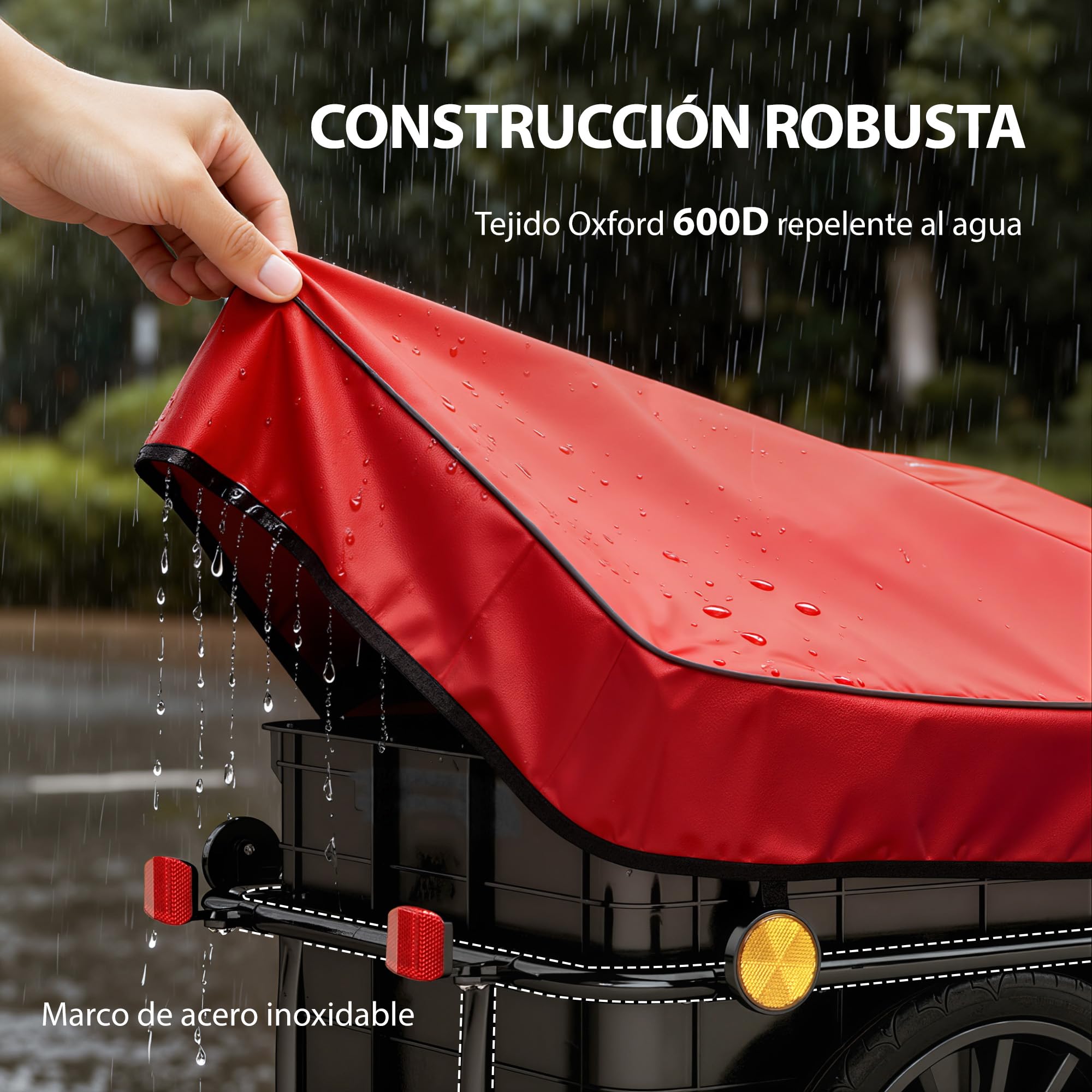 HOMCOM Remolque de Bicicleta para Carga 40 kg, Carro de Mano con Cubierta de Tela Oxford Impermeable, Reflectores, Marco de Acero y Asas para Transporte de Equipaje, 144x59x80 cm
