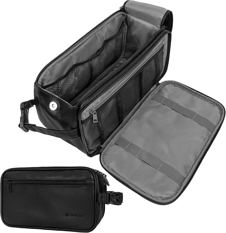 Necessaire de viagem PAVILIA para higiene e barbear em PU, preta, tamanho XL