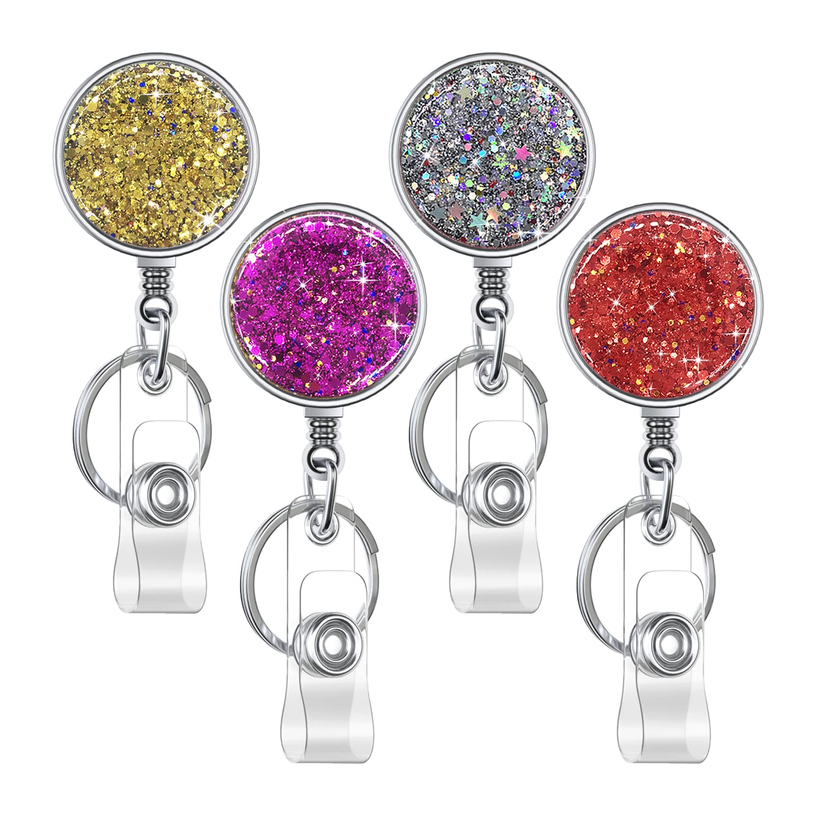 Retractable Badge Holder, Lightweight Plastic Badge Reel Retractable Card Holder with Key Ring Backing Belt Clip for Nurse,Volunteer,Teacher,Student,Office (4 Pack Golden Red Purple Silver-UK) — image 1