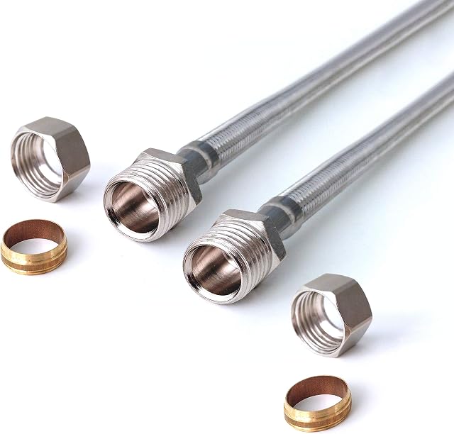 Xcel Home 2 x 300mm x 15mm Compression x 15mm Compression Flexible Connectors | Replacement Kitchen Bathroom Connects Copper Pipe Pipes
