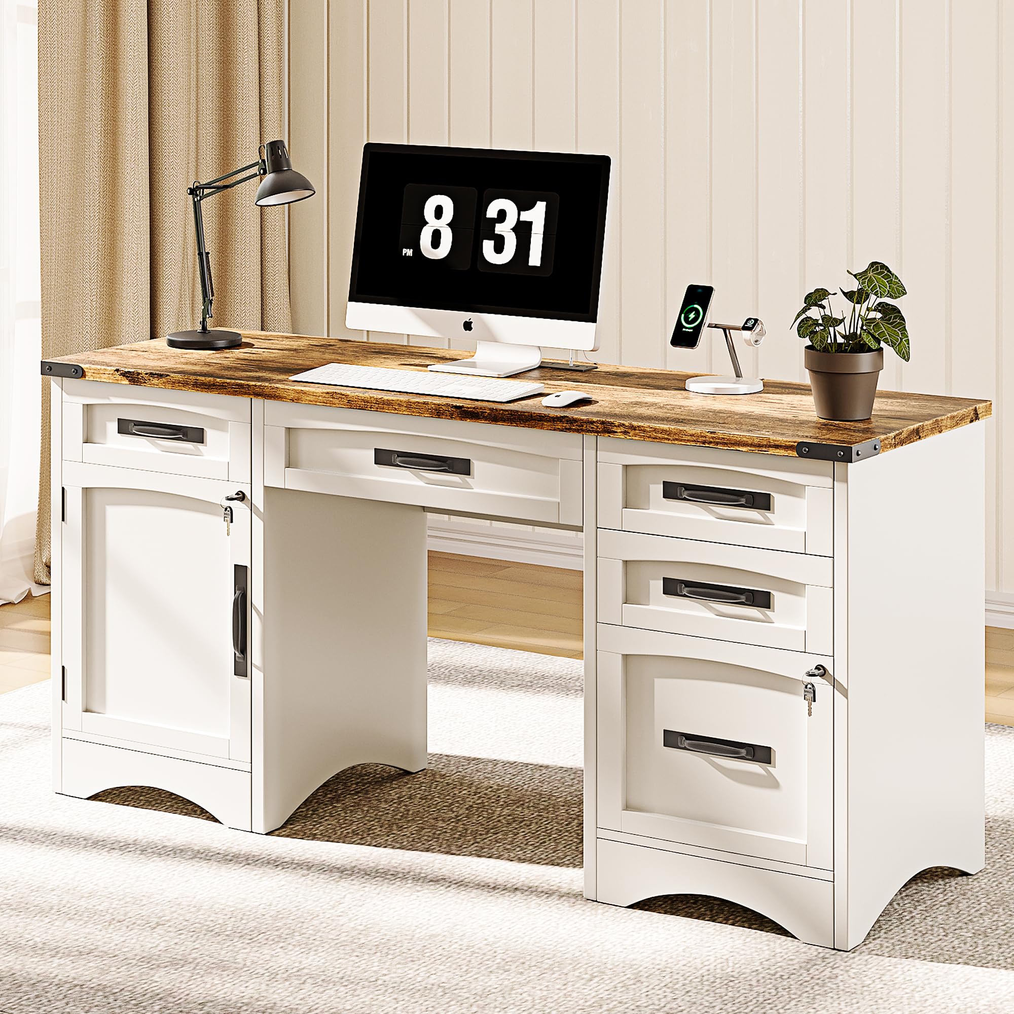 decofy farmhouse executive desk with drawers, 55" home office desks with fast charging station, lockable file cabinet, wood writing computer desk for work, study, white(incomplete)