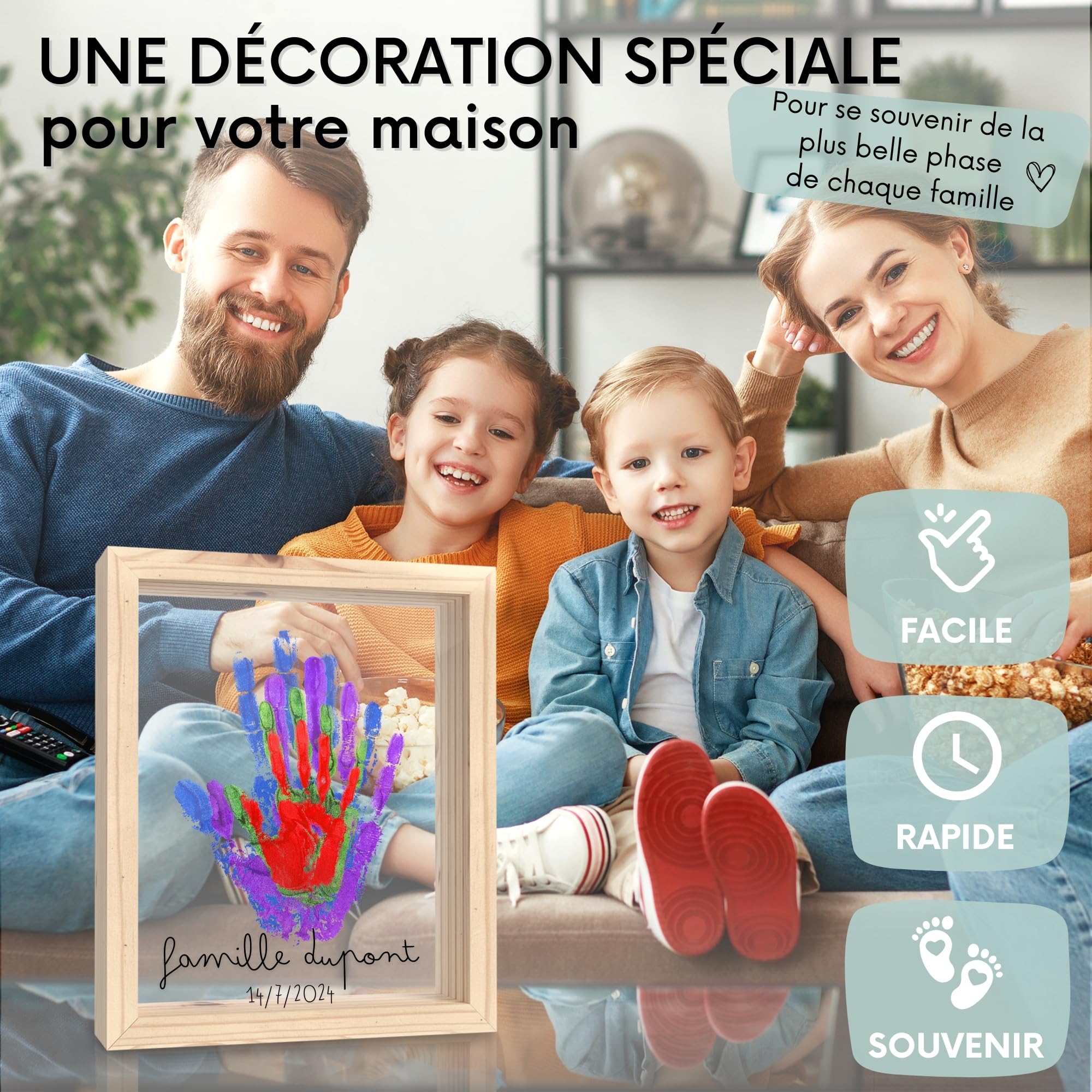 HuBorns - Cadre Empreinte Main Famille et Empreinte Main Pied Bebe avec Espace pour 4 Empreintes, Kit Empreinte Bebe pour Peindre les Mains de Toute la Famille, Cadeau Bebe Naissance