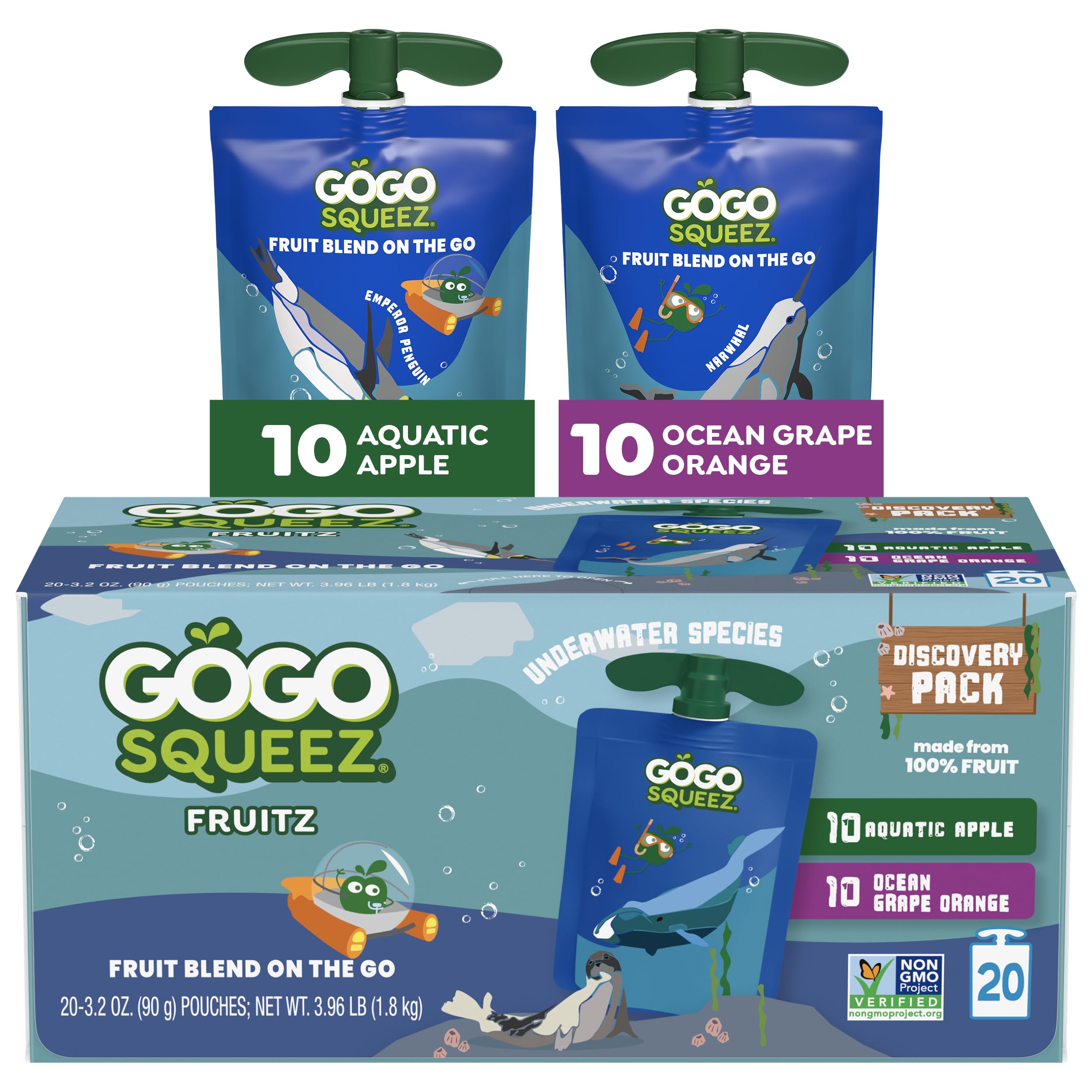 GoGo squeeZ Applesauce and Fruit Puree Underwater Species Discovery Pack, Aquatic Apple and Ocean Grape, 3.2 oz Pouches (Pack of 20), Unsweetened Snacks for Kids, BPA Free Pouches