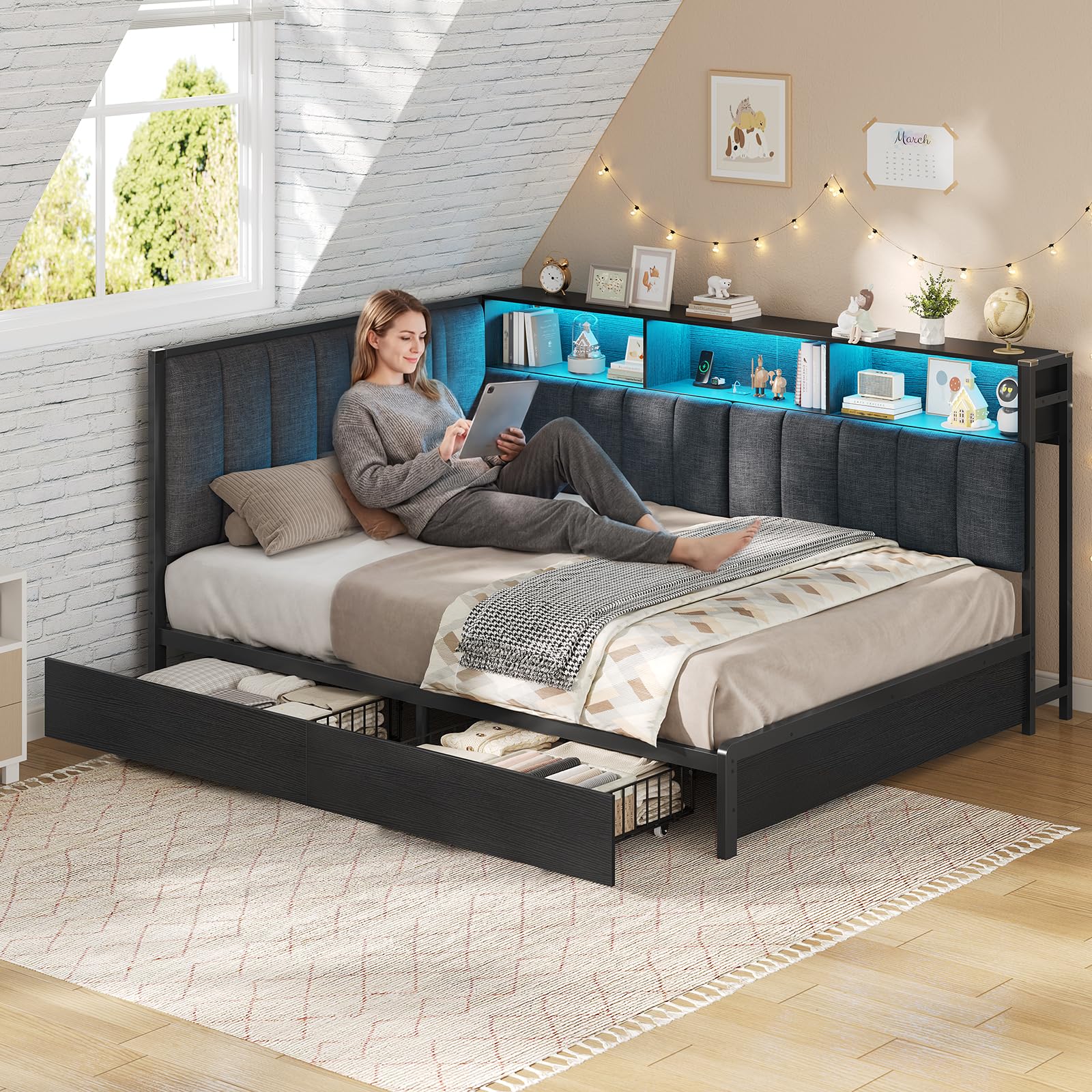 KIMENICH Cama tapizada sofá Cama 140 x 190 cm con iluminación LED, estación de Carga, cabecero Alto Acolchado, Cama de día Juvenil con 2 cajones y somier de láminas de Metal, estantes Abiertos, Gris