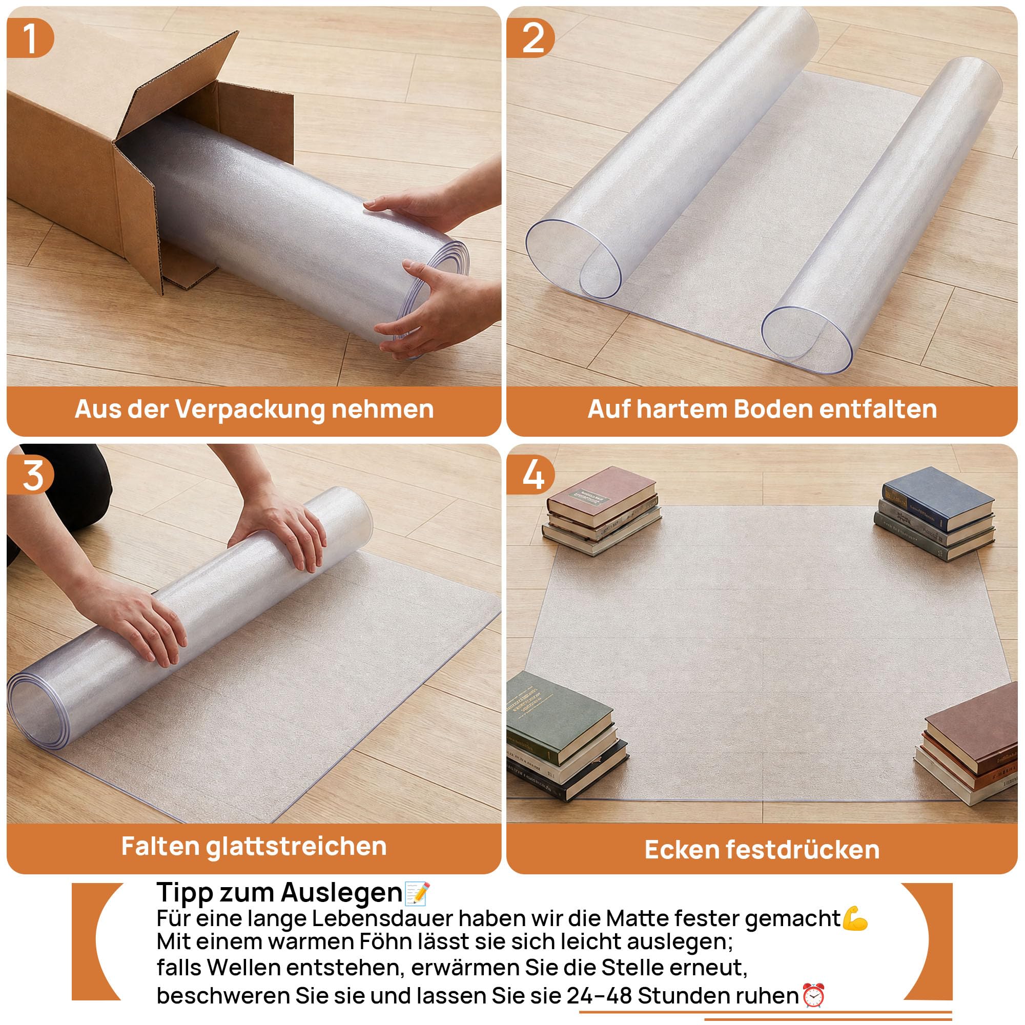 Bodenschutzmatte, transparente Bürostuhl Unterlage für Hartböden, versch. Größen rutschfeste Bodenmatte für Schreibtischstuhl - 90x120cm